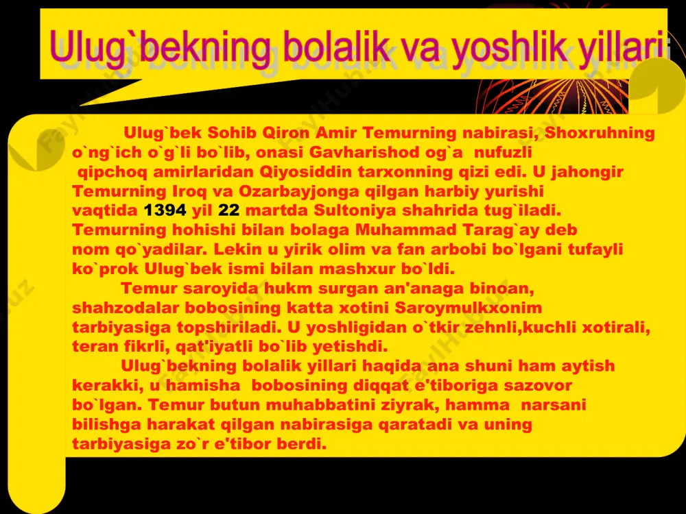 shmanligini yanada oshirdi. ulug`bek hirotda abdullatifni qoldirib,o`zi samarqandga ketdi.ulug`bek qolgan umrmni o`z observatoriyasida ilmiy ishlar olib borish uchun bag`ishlashga qaror qiladi. lekin dushmanlar bunga yo`l qo`ymaydilar. unga makkaga borib xaj qilib, gunohlaridan pok bo`lib qaytishni taklif etadilar. o`g`ilning otaga dushmanligidan ulug`bekning raqiblari mohirona foydalanadilar. 1449 yil kuzida abdulatifning ko`rsatmasi va ruhoniylarning fatvosi bilan tunda xaj qilish uchun makkaga junab ketgan ulug`bek- ning ketidan quvib , uni samarqand yaqinida xoinlarcha o`ldiradilar. shunday qilib, astronomiya va matematika fanlari sohasida mashhur asarlar yaratgan,o`rta asrda eng katta observatoriya qurib, sharq astronomiya maktabini vujudga keltirgan,o`ziga zamondosh bo`lgan eng yaxshi olimlarni atrofiga to`plab, ularning ilmiy ish olib borishlariga katta imkoniyatlar yaratib bergan va bunday olijanob xizmatlari tufayli dunyo fani tarihida o`chmas nom qoldirgan ulug` olim ijodiy kuchlari qaynagan paytda,56 yoshida johil ruhoniy fitnachilar bilan o`z o`g`li tomonidan o`ldirilgan. uning jasadi samarqandga dafn etilgan. ulug`bek buyuk astronom, matematik, davlat arbobi. u o`rta osiyo xalqlari ilmu fani va …