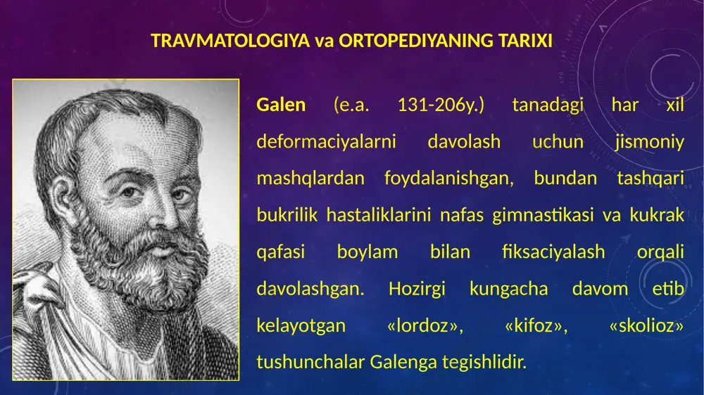 ofidagi fibroz to’qimaning mushak oraligiga usib kirishi. to’rtinchi davr – “birlamchi yelim”ning suyaklanishuvi asosan qondagi kalsiy hisobiga, qisman jarohat atrofidagi suyak to’qimasi hisobiga kechadi. 21 kun. buyok: g-e. yangi paydo bulgan suyak markazida gemopoez xujayralarning paydo bulishi, suyak tukimasida folkman teshiklarini kupligi. suyaklangan maydon - 78,8%; fibroz tukima - 21,2%. beshinchi davr – “birlamchi yelim”ning statik-dinamik sharoitiga rivojlangan suyak to’qimasiga aylanishi va to’liq suyakka aylanishiga oylab ba’zan yillab vaqt talab etiladi. bu suyak bo’laklarning o’lchamlari, ularning joylashuvi, ular orasidagi yoriqqa va ularning immobilizatsiyasiga bog’liq. suyak bitishini sekinlashtiruvchi yoki to’xtatuvchi omillar mahalliy umumiy ishemiya keksa yosh infeksiya kortikosteroid dori vositalari interpozitsiya tsitostatik (antineoplastik) dorilar innervatsiyaning buzilishi oqsil etishmovchiligi yot jism mavjudligi og'ir anemiya singan suyaklarning harakatchanligi qandli diabet, buqoq image3.png image4.jpeg image5.jpeg image6.jpeg image7.jpeg image8.jpeg image9.jpeg image10.png image11.jpeg image12.jpeg image13.png image14.jpeg image15.jpeg image16.emf oleobject1.bin image17.jpeg image18.jpeg image19.jpeg image20.png image21.jpeg image22.png image23.jpeg image24.jpeg image25.jpeg image26.jpeg image27.jpeg image28.jpeg image29.jpeg image30.png image31.png image32.png image33.jpeg …