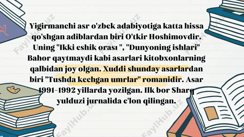 arini yozuvchining bugungi adabiyotimizdagi yangi so‘zi, yangi kashfiyoti desa bo‘ladi” deya fikr bildiradi. asarning boshidan to oxirigacha mungli ohang hukmronligiga urg‘u berib “kuz o‘lim tushagida yotgan bemorga o‘xshaydi” deb boshluvchi jumlada uning asosiy pafosi– hazinlik , qayg'uliligiga diqqat qaratdi. d.quronov ,,tushda kechgan umrlar ,, ni ekzistensializm nuqtai nazaridan tushunmoqchi bõlinsa , rustam obrazi talqinida õziga tamomila ´´begona dunyo ``da , õziga ´´dushman dunyo``da yashashga majbur shaxs timsolini kõrish mumkinligini ta'kidlaydi. rustam afg'on urushining butun dahshatini his qilgan nuqta — õlgan onasini emgan murg'ak gõdakning mudhish ahvolidan personaj dahshatga tushadi . uning ruhiy qiynoqlari quyidagicha tasvirlangan : asar fojialari : ,,tushda kechgan umrlar,,realistik proza bõlib , unda afg'on urushining fojialari mahorat bilan tasvirlangan. ,,avval ich-ichimdan titroq keldi. keyin qõlimning barmoqlari muzlay boshladi. undan keyin oyoqlarim qaltiray boshladi. tankka qanday yetib bordim esimda yõq . paxta ishi yoki ózbek ishi o‘zbekiston sovet sotsialistik respublikasida leonid brejnev hukmronligining soʻnggi yillarida boshlangan va 1989-yilgacha …