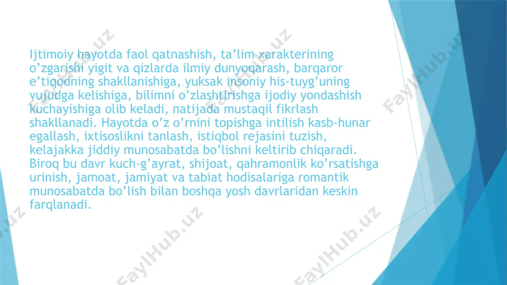 ing ustiga psixik va ma’naviy etuklikni ham anglatmaydi. faqat 18 yoshga borib, nikohdan o‘tishga ruxsat beriladigan davrda, shu yosh uchun minimal darajada zarur bo‘lgan jismoniy, ma’naviy, fuqarolik etuklik darajasi boshlanadi. 18 yoshli yigit va qizlar jamiyat tomonidan katta yoshli kishilar deb e’tirof etiladi. yoshlik davri esa o‘zining mustaqil fikrlashini, shaxsiy maqsadlarni va o‘z-o‘zini anglashni aniqroq shakllantiradigan davrdir. bu davrda ijtimoiy va kasbiy rivojlanishning yangi bosqichlari boshlanadi, hamda o‘z kelajagi va hayot yo‘li haqida aniqroq qarorlar qabul qilinadi. shunday qilib, o‘smirlik va yoshlik davrlari inson psixikasining shakllanishidagi muhim bosqichlar bo‘lib, ularning psixologik rivojlanishida o‘ziga xos xususiyatlar va o‘zgarishlar mavjud. ilk o`spirin o`quvchilarda tabiat, san’at, adabiyot, madaniyat, ijtimoiy xayot go`zalliklarini paykash, idrok kilish, sevish, ulardan ta’sirlanish, ma’naviy ozuka olish xislatlari paydo buladi. ularning psixologiyasida mayin sado, yokimli nido, kalbni tulkinlantiruvchi musika, nozik xis-tuygu, ezgulikxislari, mayllari kuchayadi. ayniksa, estetik xislar ularning ma’naviyatidagi kupol, noxush, xunuk va yokimsiz kilikdarning yukolishiga yordam beradi. lekin bundan …