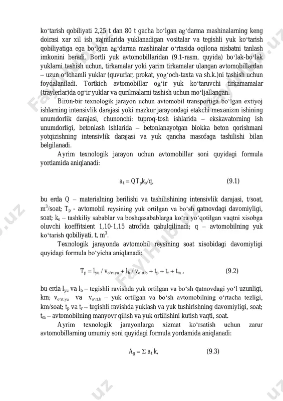 idrotexnika qurilishida zil, gaz, kraz, maz, belaz va kamaz rusumli avtomobillar ayniqsa keng tarqalgan.(9.1-jadval) respublikamizda gidrotexnika qurilishida foydalaniladigan ayrim turdagi yuk avtomobillarining qisqacha tavsifi keltirilgan. 9.1-jadval avtomobil rusumi yuk ko‘tarish qobiliyati, t dvigateli- ning quvvati, o.k. eng katta xarakat tezligi, kmsoat kuzov sig‘imi, m 3 avtoag‘darmalar zil-mmz-554 4,0 150 90 5,0 maz-503a 8,0 180 75 5,1 kamaz-5511 10,0 210 80 7,2 kraz-256b1 12,0 240 68 6,8 belaz-540a 27,0 360 55 15,0 belaz-548a 40,0 500 50 21,0 belaz-549 80,0 1050 60 38,4 bortli avtomobillar gaz-53a 4,0 115 85 - zil-130 6,0 150 90 - ural-3774 7,5 180 75 - kamaz-5320 8,0 210 80 - maz-500a 8,0 180 85 - kraz 12,0 240 68 - ko‘tarish qobiliyati 2,25 t dan 80 t gacha bo‘lgan ag‘darma mashinalarning keng doirasi xar xil ish xajmlarida yuklanadigan vositalar va tegishli yuk ko‘tarish qobiliyatiga ega bo‘lgan ag‘darma mashinalar o‘rtasida oqilona nisbatni tanlash imkonini beradi. bortli yuk avtomobillaridan …