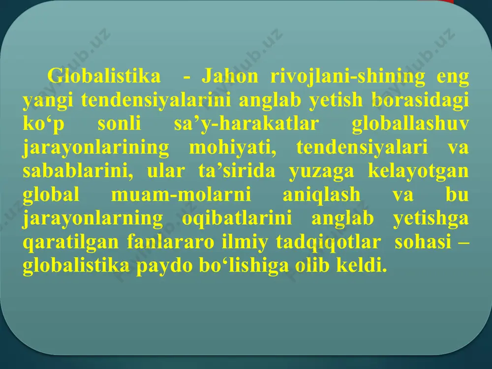ri faoliyatining samaradorligini oshirish; 23 - mulkchilik huquqlari himoyasini ta’minlash, raqobatbardosh bozorlar tashkil etish va biznes yuritish uchun teng shart-sharoitlar yaratish, davlat-xususiy sherikligini rivojlantirish; - barqaror faoliyat yuritadigan ijtimoiy-iqtisodiy infratuzilmani yaratish. 24 aynan davlat innovatsiya siyosati jarayonlariga quyidagilarni kiritishimiz mumkin: mahalliy mahsulotning raqobatbardoshligini ta’minlovchi innovatsiya faoliyati uchun iqtisodiy, huquqiy va tashkiliy shart-sharoitlarni yaratish, fan-texnika natijalaridan samarali foydalanish, ijtimoiy-iqtisodiy rivojlanish masalalarini hal qilish; 25 nanotexnologiya nima? 26 nano nima? keyingi o‘n yillikda jahon jamoatchiligi lug‘at boyligiga «nano» so‘zi kirib keldi. xo‘sh, «nano» nima? qisqa qilib aytganda, nano milliarddan bir qismdir. nanotexnologiya tushunchasi uchun tugal va aniq ifoda yo‘q, ammo mavjud mikro­tex­nologiya asosida bu o‘lchamlarni na­no­metrdagi texnologiya deb yuritish mumkin. shuning uchun mikrodan nanoga o‘tish bu moddani boshqarishdan atomni boshqarishga o‘tish demakdir. 27 sohaning rivoji deganda esa asosan uchta yo‘nalish tushuniladi: — o‘lchami atom va molekulalar o‘lchamlari bilan solishtirarli elektron sxemalarni tayyorlash; — nanomashinalarni loyihalash va ishlab chiqish; — alohida atom va …