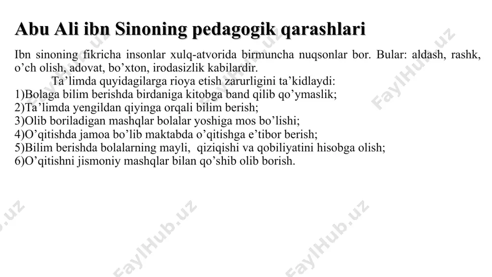 ag’ay ulug’bek madrasalarni davlat ta’minotiga o’tkazdi, mudarris (o’qituvchi)larga oylik ish haqi belgilagan, shogird (talaba)larga stipendiya ajratgan. u madrasa o’quv rejasiga quyidagi fanlar: arab tili, adabiyot, qur’on, hadis, ritorika, mantiq, falsafa, fikh (qonunchilik), metafizika, matematika, astronomiya, tibbiyot, geografiya, tarix kabi fanlarni kiritadi. mutafakkir tomonidan barpo etilgan hamda o’zi bevosita ta’lim bergan madrasalarda o’qish quyidagi bosqichlardan iborat bo’lgan: 1. «anda» (kichik) – o’qish muddati 2 yil. 2. «aust» (o’rta) – o’qish muddati 3 yil. 3. «a’lo» (oliy) – o’qish muddati 3 yil. zahiriddin muhammad boburning pedagogik fikrlari. bobur xayotiy esdaliklar yozish maktabini «boburnoma» asari orqali boshlab berdi. «muxtasar», «mubayyin», «volidiya», «xatti boburiy» kabi asarlarida ta’lim-tarbiya masalalariga alohida e’tibor qaratgan. uning ijodiga mansub bo’lgan «xatti boburiy» uzoq yillar davomida maktablarda, madrasalarda savod o’rgatish kitobi sifatida foydalanilgan. alisher navoiyning asarlarida tarbiya va insonparvarlik masalalari. navoiy ijodining asosini inson va uning ma’naviy dunyosi, muhabbat va go’zallik tushunchalari haqidagi chuqur uy-xayollar, hayot mazmuni haqidagi fikrlar tashkil …