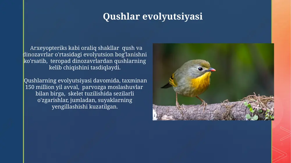 minan 14,000 dan 20,000 gacha gen mavjud bo'lib, ularning aksariyati umurtqali hayvonlar bilan umumiydir, ammo qushga xos genetik xususiyatlar ham mavjud. mitoxondrial dnk tahlili qushlarning kelib chiqishi va filogenetik munosabatlarini aniqlashda muhim rol o'ynaydi, chunki mitoxondrial dnk tezroq mutatsiyalanadi va shuning uchun evolyutsion tarixni ko'rsatishda foydalidir. qushlar turlari xilma-xilligi taxminan 40% qush turlari, ya'ni 4000 dan ortiq tur, tropik hududlarda joylashgan bo'lib, bu bioxilma-xillikning yuqori darajasini aks ettiradi. qushlarning evolyutsion tarmog'i juda murakkab bo'lib, filogenetik tahlillarga ko'ra, hozirgi mavjud 20 dan ortiq turkumga bo'linadi. e'tiboringiz uchun rahmat @taqdimot_robot image4.jpg image5.jpg image6.jpg image7.jpg image8.jpg image9.jpg image10.jpg image11.jpg image12.jpg image13.jpg image14.jpg image15.jpg image2.png image3.png