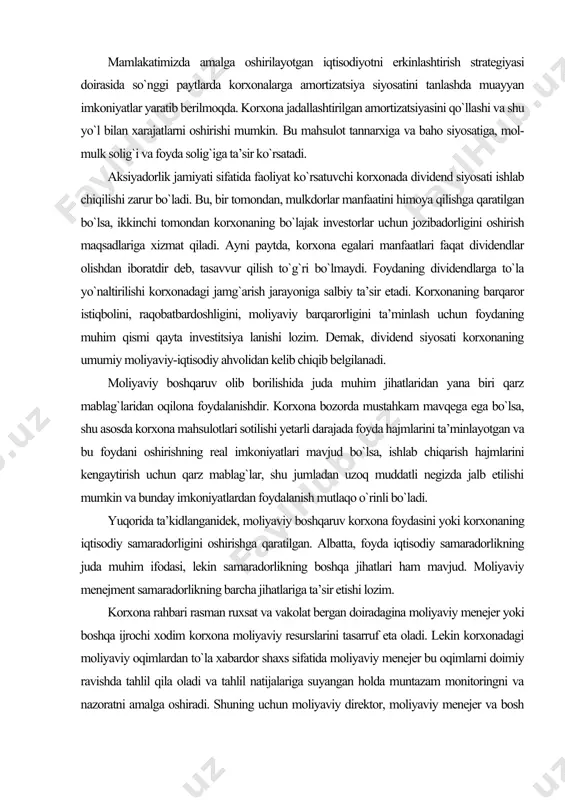 yotgan va bu foydani oshirishning real imkoniyatlari mavjud bo`lsa, ishlab chiqarish hajmlarini kengaytirish uchun qarz mablag`lar, shu jumladan uzoq muddatli negizda jalb etilishi mumkin va bunday imkoniyatlardan foydalanish mutlaqo o`rinli bo`ladi. yuqorida ta’kidlanganidek, moliyaviy boshqaruv korxona foydasini yoki korxonaning iqtisodiy samaradorligini oshirishga qaratilgan. albatta, foyda iqtisodiy samaradorlikning juda muhim ifodasi, lekin samaradorlikning boshqa jihatlari ham mavjud. moliyaviy menejment samaradorlikning barcha jihatlariga ta’sir etishi lozim. korxona rahbari rasman ruxsat va vakolat bergan doiradagina moliyaviy menejer yoki boshqa ijrochi xodim korxona moliyaviy resurslarini tasarruf eta oladi. lekin korxonadagi moliyaviy oqimlardan to`la xabardor shaxs sifatida moliyaviy menejer bu oqimlarni doimiy ravishda tahlil qila oladi va tahlil natijalariga suyangan holda muntazam monitoringni va nazoratni amalga oshiradi. shuning uchun moliyaviy direktor, moliyaviy menejer va bosh buxgalter korxona boshqaruvining eng yuqori guruhi doirasiga kiradilar va korxona hayoti uchun muhim ahamiyatga ega bo`lgan barcha masalalarning hal etilishida qatnashadilar. umumiy holda moliyaviy menejment bo`yicha faoliyat quyidagi tarkibda tasavvur …