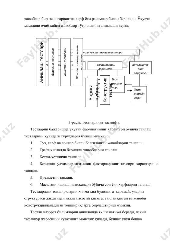 ёки харфларни танлаш. тестлардаги топширкларни хилма хил булишига карамай, уларни структураси жихатидан иккита асосий қисмга: танланадиган ва жавоби конструкцияланадиган топшириқларга бирлаштириш мумкин. тестли назорат билимларни аниқлашда яхши натижа беради, лекин тафаккур жараёнини кузатишга монелик қилади, бунинг учун бошқа усуллардан – ёзма иш, мунозаралар, ишлаб чиқариш вазиятларини тахлил қилиш ҳамда мулокотлардан фойдаланиш керак. лекин шу билан бирга билимларни тестли назорат қилиш таълим жараёнини бошқариш имконини кенгайтиради. тестларин куллаш ўқувчиларнинг амалий кобилияти ва хотирасини ривожлантиради. адабиётлар 1. и. а. каримов. «баркамол авлод орзуси». т. 1999 й. 2. и. а. каримов. «баркамол авлод узбекистон тараккиётининг пойдевори». т. 1997 й. 3. в. а. скакун. «ишлаб чиқариш таълими устози учун кулланма». тошкент «ўқитувчи» 1992 й. 4. р. х. джураев. «теория и практика интенсификации профессиональной подгогтовки учащихся профтехучилиҳ». тошкент. «фан» 1992 й. 5. с. а. акмалова. «таълим назарияси дидактика масалалари бўйича ўқув кулланма». наманган 1993 й. 6. к. ж. мирсаидов. «махсус фанларни ўқитиш ва ишлаб чиқариш …