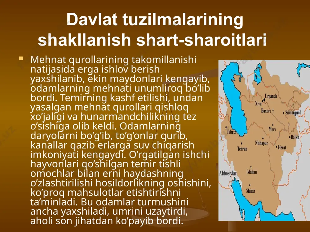 sak, o’zbekiston hududida bronza davridayoq, mil. avv. 2 minginchi yillik o’rtalarida kichik shahar davlatlari shakllangan. yurtboshimiz i.karimovning mana bu fikrlari ham o’zbek davlatchiligi tarixining o’q tomirlari olis davrlar qa’riga borib tutashishidan yaqqol dalolat beradi: «o’zbek davlatchiligining tamal toshlari bundan 2700 yil muqaddam ayni xorazm vohasida qo’yilgan. shu ma’noda, milliy davlatchiligimiz tarixi misr, xitoy, hindiston, yunoniston, eron kabi eng qadimiy davlatlar tarixi bilan bir qatorda turadi. xorazm tarixi o’zbek davlatchiligining asosi, uning qudrati va qadimiyligining tasdig’idir». . barcha dalili ashyolar miloddan avvalgi so’nggi ming yillik boshlarida, aniqrog’i viii-vii asrlarda vatanimiz hududlarida 3 ta: katta xorazm, baqtriya hamda saklar va massagetlar konfederatsiyasi shaklidagi dastlabki davlatlar shakllangan. bu davlatlar o’ziga xos rivojlanish jarayonini bosib o’tgan. ayniqsa bu ilk davlatlar orasida baqtriya nisbatan barqaror bo’lganligi bilan ajralib turadi. «katta xorazm» «ishlab chiqarishning osiyo usuli»ga ega bo’lgan davlatlarning qadimgi sharq tipiga mansub edi. saklar va massagetlarning konfederatsiyasi esa chorvador turlarning ko’chmanchi va yarim ko’chmanchi qabilalarning …