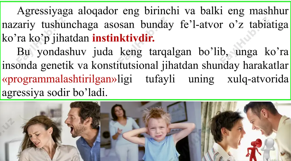 bilan dushmanini yo’q qilish uchun til biriktirish jismoniy-passiv-to’g‘ri odamning maqsadga erishishiga yoki istagan faoliyati bilan shug‘ullanishiga jismonan yo’l qo’ymaslikka harakat qilish jismoniy-passiv-egri zarur vazifalarni bajarishdan bosh tortish verbal-aktiv-to’g‘ri so’z bilan haqoratlash yoki boshqa odamni kamsitish verbal-aktiv-egri boshqa odamga tuhmat qilish yoki u haqida mish-mishlar tarqatish verbal-passiv- to’g‘ri boshqa odam bilan gaplashishdan, uning savollariga javob berishdan bosh tortish va boshqalar verbal-passiv egri aniqlik kiritishdan va tushuntirib berishdan bosh tortish (masalan, nohaq tanqid ostiga olingan odamni himoyasi uchun biron-bir gap aytishdan bosh tortish) a. bassning agressiya kategoriyalari agressiyaning ijtimoiy ma’qul va asotsial agressiv xulq-atvor turlari farqlanadi. ijtimoiy ma’qul agressiya turida frustratsiya, affekt, stress va nizo natijasida kelib chiquvchi zo’riqish hamda xavotirlanish ijtimoiy me’yorlarga mos keluvchi harakatlar orqali hal qilinadi. asotsial agressiv xulq-atvor jamiyatda qabul qilingan me’yorlarga zid bo’lgan harakatlarda namoyon bo’ladi. agressiyaning turli: bevosita jismoniy kuch ishlatishdan, raqibni so’z bilan haqoratlab unga tahdid qilishdan tortib, boshqa bir insonni yashirincha boshqarishga, kelgusida kutilayotgan …