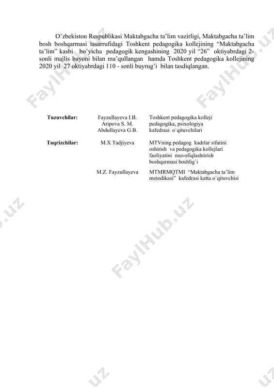 lgan ta'lim jarayonida rivojlantiruvchi muhitni yaratish va rivojlanish markazlarni tashkil etish; - mtt ishiga oilalarni jalb qilish va oilalar bilan muvaffaqiyatli hamkorlikni tashkil etish. o’quv rejasiga muvofiq o’zaro bog’liq bo’lgan fanning nomi maktabgacha ta’lim pedagogikasi “mttda ta’lim-tarbiyaviy jarayonni va rivojlanish markazlaridagi faoliyatlarni tashkil etish” o`quv amaliyoti o’qitishningtashkiliyshakli n- nazariy ta’lim; а-amaliy ta’lim; nа-birgalikda tashkil etilgan nazariy va amaliy mashg’ulotlar dasturgaqo’yilgantalab majburiy o’qitishtili guruhga tayinlangan dars tili asosida baholashtartibi joriy baholash tartibiga asoslanib o’quvchilarning bilim va ko’rikmalarini baholash yozma, og’zaki, savol – javob, munozara, test, amaliy topshiriq. 2.o’quv dasturi mazmuni № mavzuning nomi mavzuning qisqacha mazmuni jami o’qitishni tashkiliy shakli mustaqil ta’lim i. “o`zbekiston respublikasining ilk va maktabgacha yoshdagi bolalar rivojlanishiga qo`yiladigan davlat talablari” 1 “o`zbekiston respublikasining ilk va maktabgacha yoshdagi bolalar rivojlanishiga qo`yiladigan davlat talablari”ning tuzilmasi va asosiy qoidalari “o`zbekiston respublikasining ilk va maktabgacha yoshdagi bolalar rivojlanishiga qo`yiladigan davlat talablari”ning mazmuni. davlat talablarining tarkibi. 2 n 2 jismoniy rivojlanish vasog`lom …