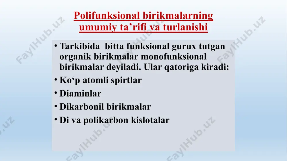 larni ichki molekulyar dezaminlanishi polifunksional birikmalara hos bo’lgan reaksiyalar dikarbon kislotalarni ichki molekulyar degidratlanishi etilinglikolni ichki molekulyar degidratlanishi etilinglikol + mis(ii) gidroksid glitserin + mis(ii) gidroksid image1.png image2.png image7.png image8.png image9.png image10.png image11.png image12.png image30.emf media1.mp4 image31.png image32.png image43.png ; e t i l e n oks i d c h c o o h h 2 n c h 2 o h s e r i n c o 2 - h o c h 2 c h 2 n h 2 h o h c h 2 c h 2 n h e t i l e n i m i n c h 2 c h 2 o + n h 3 c h 2 c h 2 n c h 3 c h 3 c h 3 o h ( c h 3 ) 3 n h o h o h - a g o h …