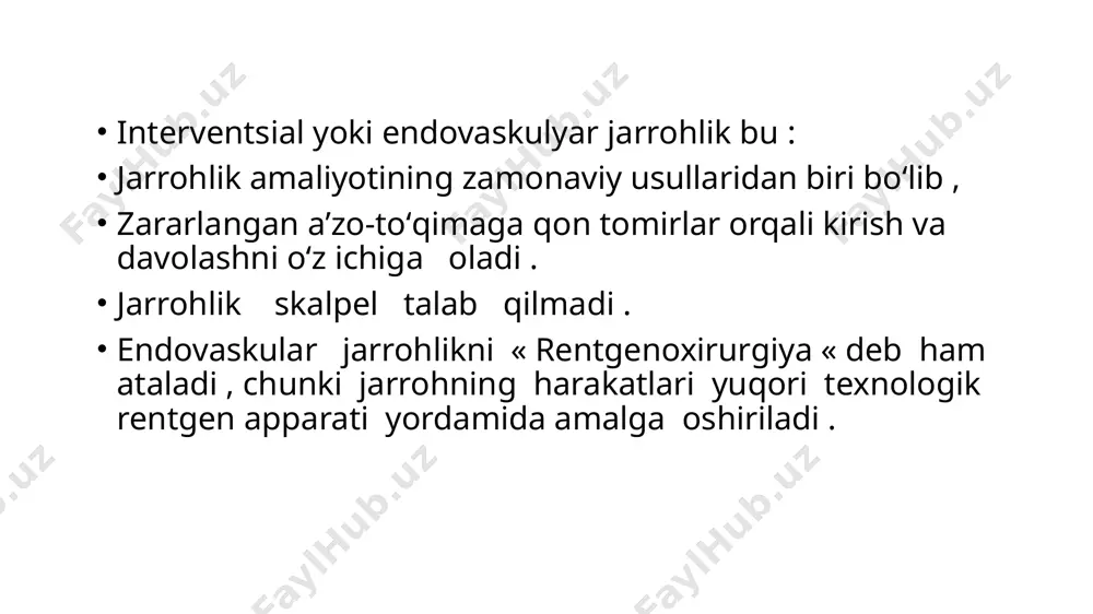 atalogiyasi tufayli bloklangan yoki toraygan qismlarining o’tkazuvchanligini tiklaydi.bu ikki usul yurakning ishemik kasalligi va qon tomirlar aterosklerozini davolashda qo’llaniladi embolizatsiyaning mohiyati biroz boshqacha – bu ma’lum bir tomirning sun’iy ravishda yaratilgan tiqilishi (bloklanishi). u quyidagi tashxis qo’yilgan bemorlarni davolashda qo’llaniladi: bachadon miomasi va fibromiomasi kichik chanoq bo’shlig’i varikozi qon to’xtatishda portal gipertenziyada eʼtiboringiz uchun rahmat ! davolash fakulteti 318- guruh talabasi isroilov to'lqinjon image1.jpeg image2.jpeg image3.jpeg image4.jpeg image5.jpeg image6.jpeg image7.jpeg image8.jpeg image9.jpeg image10.jpeg