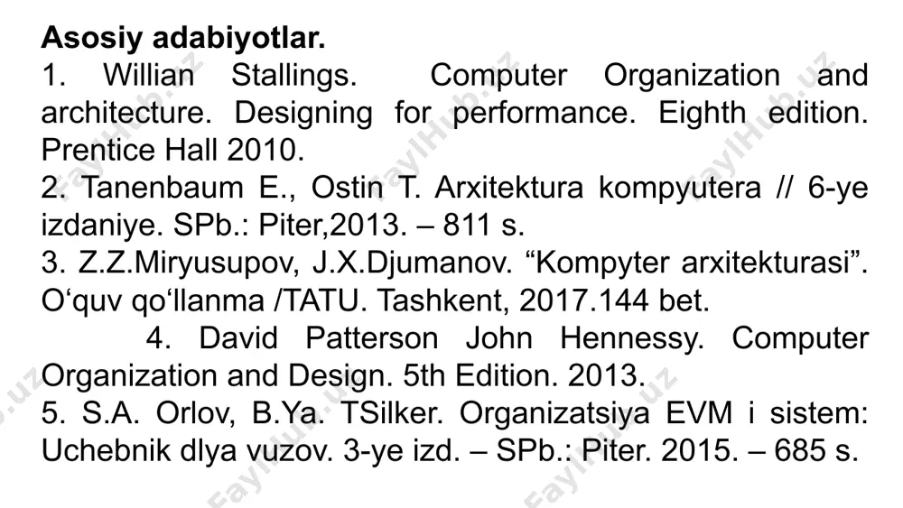 uterlar (1945-1955 yillar) – fon neyman tamoillarii asosida qurilgan kompyuterlar. 3.ikkinchi avlod – tranzistorlar asosida qurilgan kompyuterlar (1955- 1965 yillar). 4.uchinchi avlod – integral sxemalar asosida qurilgan kompyuterlar (1965-1980 yillar). 5.to`rtinchi avlod – katta integral sxemalar asosida qurilgan kompyuterlar (1980 yillardan boshlab) – intel 8080 (8), 8086 (16), 8088 (16), 80486 (32) va pentium protsessorlari asosida qurilgan kompyuterlar. 3.kompyuterlarni tashkil etilishi tamoillari va klassifikatsiyasi zamonaviy kompyuterlarning tuzilishi va ishlash tamoyillarini bir nechta asosiy tezislar ko’rinishida shakllantirish mumkin. ular birinchi marta 1945 yilda jon fon neyman tomonidan "kompyuter dasturlarini boshqarish tamoyillari" nomi ostida shakllantirilgan: 1. kompyuterda qayta ishlanadigan axborot ikkilik shaklda kodlanadi va axborot birliklari - so`zlarga bo`linadi. so`z ikkilik elementlar to`plamidir, bu erda =8, 16, 32, 64, . 2. so`zini qayta ishlashdan oldin dastlabki ma’lumotlar kompyuterning xotira yacheykalariga joylashtiriladi. xotira yacheykasi - bu bir so`z ma’lumot saqlanadigan joy. xotira yacheykalari tartibli raqamlangan. xotira yachekasining tartib raqami manzil deb ataladi. 3. …