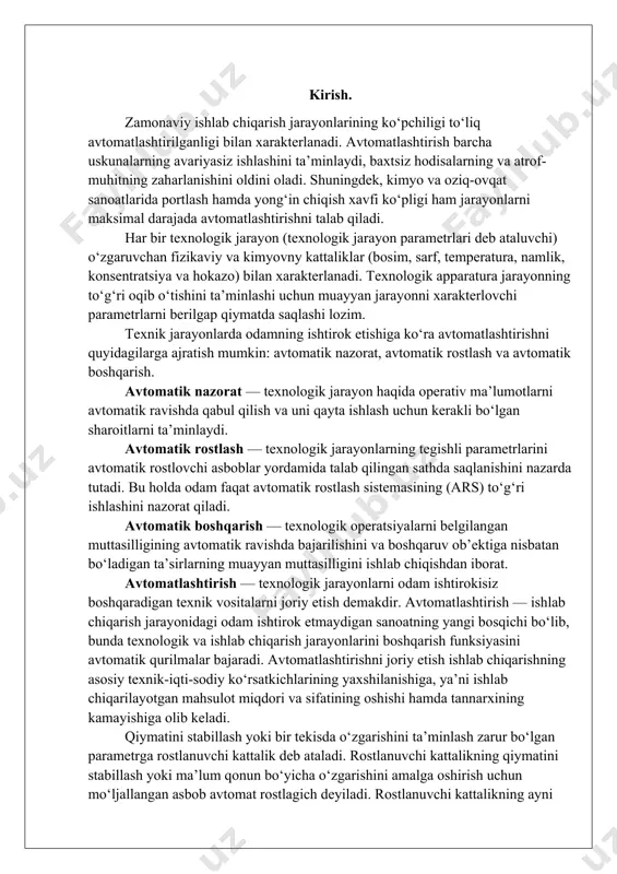 ‘zgaruvchilar kiradi. kirish o‘zgaruvchilari rostlanadigan va rostlanmaydigan bo‘lishi mumkin. chiqish parametrlariga chikarilgan mahsulot sifatini (kimyoviy tarkib, zichlik va boshkalar) xarakterlovchi kursatkichlar, shuningdek, xisoblash yuli bilan aniqlanadigan texnika-iqtisodiy (uskunalarnipg ishlab chikarish unumdorligi, mahsulotning tannarxi) ko‘rsatkichlar kiradi. sistemaning ishlashi vaktida rostlanuvchi kattalikning hozirgi qiymati berilgan kiymatiga mos kelishi uchun sistemaga ta’sir ko‘rsatish kerak (boshqariladigan uzgaruvchi orqali). boshqariladigan o‘zgaruvchi sistema boshqaruv ta’sirining (xom ashyoning sarfi, tarkibi va boshqalar) sonli xarakteristikasidir asosiy qism neftdan olinadigan har xil sohalarda ishlatiladigan moylar atmosfera bosimi ostida haydab olingan neft qoldig‘i mazutdan olinadi. moylami ishlab chiqarish jarayoni 3 bosqichdan iboratdir: 1. boshlang'ich xomashyoni tayyorlash — moy fraksiyalarini olish. 2. olingan moy fraksiyalaridan komponentlar olish. 3. komponentlami aralashtirish (kompaundirlash) ularga qo‘ndirma qo‘shish va tovar mahsulot olish. boshlang‘ich xomashyoni tayyorlashda mazutni vakuum ostida haydab fraksiyalaiga ajratiladi. moylami olishda ishlatiladigan usulga qarab ular ikki gruppaga bo‘linadi. 1. distillyat gruppasi — bunga vakuum ostida 300-400°c, 350-420°c, 420-450°c va 450-500°c da mazutni qizdirib …