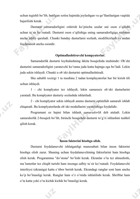 umotlar dasturni ancha qisqartiradi, demak ma`lumotlar massivini tanlashda zarur bo’lganicha qo’llash kerak. boshqacha usulda tayanch va ko’rsatkichlardan foydalanish kerak. ma`lumotlar xaqida ko’rilaetgan vazifaga mos xolda taosurotga ega bo’lish kerak. hisobda har bir ma`lumot tarkibini hamma tilga o’zgartirish mumkin. lekin siz mo’ljallagan ma`lumot tarkibini mujassamlagan dasturlash tilidan foydalanishingiz ma`qulroq. dasturiy foydalanuvchilar ehtiejlarini qondirish, keng tarqatish va sotish uchun mo’ljallangan. hozirgi paytda dasturiy maxsulotlarni ochiq (legal) tarqatishning boshqa variantlari ham mavjud, ular yalpi (global) va mintaqaviy kommunikatciyalardan foydalanish bilan yuzaga keladi. adabiyotlar 1. van tassel d. stil, razrabotka, effektivnost, otladka i ispыtanie programm. m. , mir, 1991. 2. linger r. , teoriya i praktika strukturnogo programmirovaniya m. , mir, 1985. 3. v. v. lipaev. “proektirovanie programmnыx sredstv”, m. :”vsh”, 1991. 4. foks dj. “programmnoe obespechenie i ego razrabotka”. per. s angl. m. : mir, 1985. 5. s. s. gulomov. “iqtisodiy informatika”. toshkent 1999 y. 6. www.ziyonet.uz