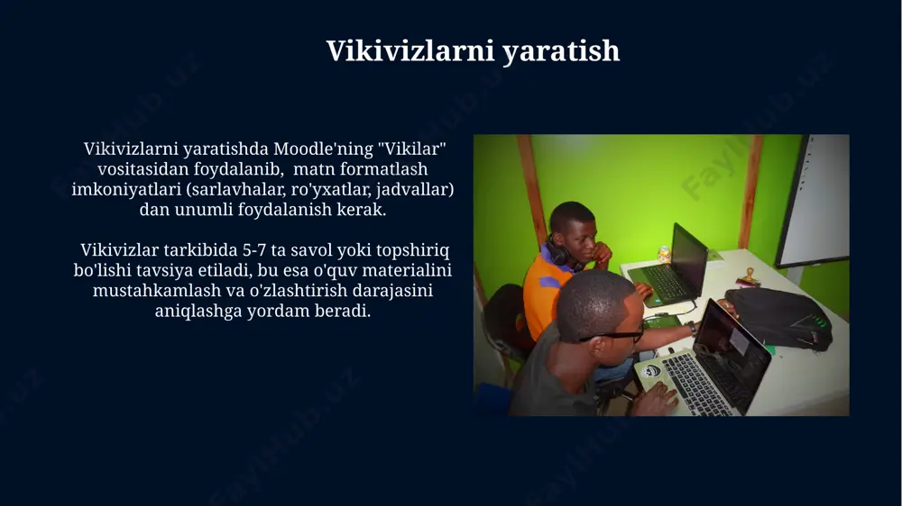 turli mavzularda o'quvchilarning faol ishtiroki uchun optimallashtirishingiz mumkin. forum sozlamalarida siz xabarlar sonini chegaralashingiz (masalan, 50 ta xabar), posting vaqtiga cheklov qo'yishingiz, shuningdek, moderatsiya rejimini faollashtirishingiz mumkin. kurs nomi va tavsifi kurs tavsifida asosiy maqsad, o'quv natijalari (kamida 3 ta), o'quv materiali turlari (masalan, video darslar, testlar, forumlar) va taxminiy vaqt sarfini ko'rsating. kurs tavsifini qisqa, aniq va jozibador qiling. kalit so'zlarni ishlating, jumlalarni 20 so'zdan oshmasligi maqsadga muvofiqdir, chunki u ko'plab o'quvchilarning diqqatini jalb qiladi. testlarni yaratish va sozlash test natijalarini avtomatik ravishda baholash va talabalarga darhol natijalarni ko'rsatish yoki natijalarni keyinchalik qo'lda tekshirish imkoniyati mavjud. moodle'da 5 ta turli savol turidan (tanlov, to'ldirish, to'g'ri/noto'g'ri, qisqa javob, esse) foydalanib, ballari 100 balldan iborat bo'lgan test yaratishingiz mumkin. e'tiboringiz uchun rahmat @taqdimot_robot image5.jpg image6.jpg image7.jpg image8.jpg image9.jpg image10.jpg image11.jpg image12.jpg image13.jpg image14.jpg image15.jpg image16.jpg image17.jpg image18.jpg image19.jpg image20.jpg image21.jpg image1.jpg