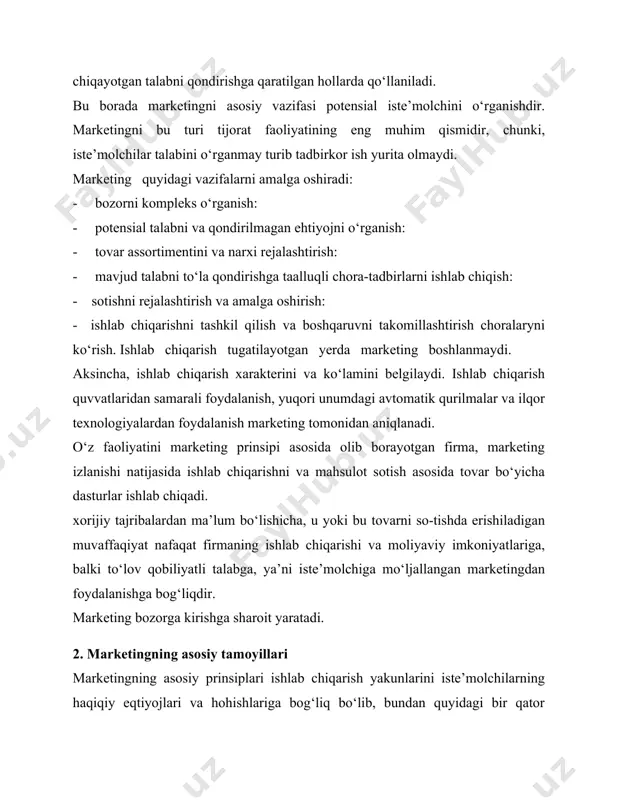 jalik yuritish qarorlarini qabul qilish jarayonlaridan foydalanish. 2. ishlab chiqarishni bozor talablariga iloji boricha moslashtirish va bu orqali korxonaning samarali faoliyat yuritishini oshirish. iste’molchi kutayotgan tovarni ishlab chiqarish, ya’ni sotiladigan mahsulot chiqarish. 3. korxona uchun zarur bo‘lgan yo‘nalishlarini shakllantirish maqsadida barcha vositalar yordamida bozorga va iste’llol talabiga ta’sir ko‘rsatish. 4. marketing izlanishi natijasida yuzaga kelgan masalalarni hal etilishiga ijodkorlik bilan yondoshishni rivojlantirish va rag‘batlantirish. 5. iste’molchini to‘la qondiradigan miqdorda tovarni, zarur vaqtda, zarur joyga yetkazib berish. 6. ilmiy izlanish - ishlab chiqarish - sotish - servis jarayonini maqsadli boshharilishini ta’minlash. 7. yangi, ayniqsa yuqori sifatli mahsulotni bozorga chiqarili-shida kech qolmaslik. bozorni nisbatan bir jinsli iste’molchilar bo‘yicha guruhlarga ajratish (bozorni sigmentlashtirish) va korxonaning imkoniyatiga mos keluvchi bozor sigmentini mo‘ljallab ish yuritish. 9. eng ishonchli va yuqori sifatli tovarlar bilan bozorni egallash. 10. texnik darajani va mahsulot sifatini oshirish yo‘li bilan raqobatchilardan ustun kelish. 11. savdo vositachilariga har tomonlama yordam ko‘rsatish. 12. …