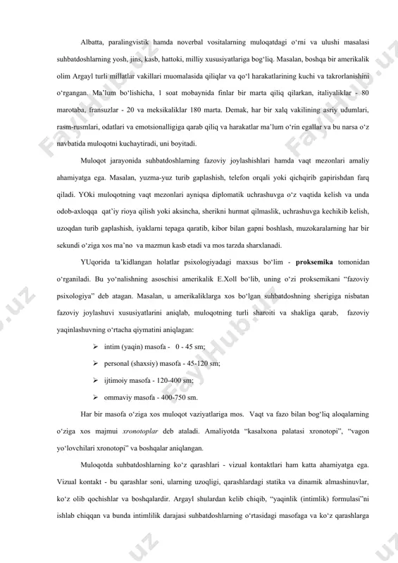rishgan shaxslarning umumiy muammolarini echish bo‘ladigan bo‘lsa, muloqotning tashabbuskori bo‘lgan shaxsning ta’siri qanchalik adresatga - ta’sir yo‘naltirilgan kimsaga etib borishi katta amaliy ahamiyatga ega. shuning uchun ham olimlar muloqotning samaradorligi ko‘proq qaysi vositalarga bog‘liqligiga qiziqadilar. amerikalik olim mexrabyanning ma’lumotlariga ko‘ra, birinchi uchrashuvda biz boshqalardan kelayotgan noverbal signallarga 55%ga ishonamiz, ulardan ta’sirlanamiz; 38% - paralingvistik va 7%gina nutqning bevosita mazmuniga ishonamiz. shuning uchun ham obrazli tarzda “kiyimga qarab kutib olinadi, aqlga qarab kuzatiladi” deyiladi. keyingi uchrashuvlarda bu mutonosiblik, tabiiy, o‘zgaradi. albatta, paralingvistik hamda noverbal vositalarning muloqatdagi o‘rni va ulushi masalasi suhbatdoshlarning yosh, jins, kasb, hattoki, milliy xususiyatlariga bog‘liq. masalan, boshqa bir amerikalik olim argayl turli millatlar vakillari muomalasida qiliqlar va qo‘l harakatlarining kuchi va takrorlanishini o‘rgangan. ma’lum bo‘lishicha, 1 soat mobaynida finlar bir marta qiliq qilarkan, italiyaliklar - 80 marotaba, fransuzlar - 20 va meksikaliklar 180 marta. demak, har bir xalq vakilining asriy udumlari, rasm-rusmlari, odatlari va emotsionalligiga qarab qiliq va …