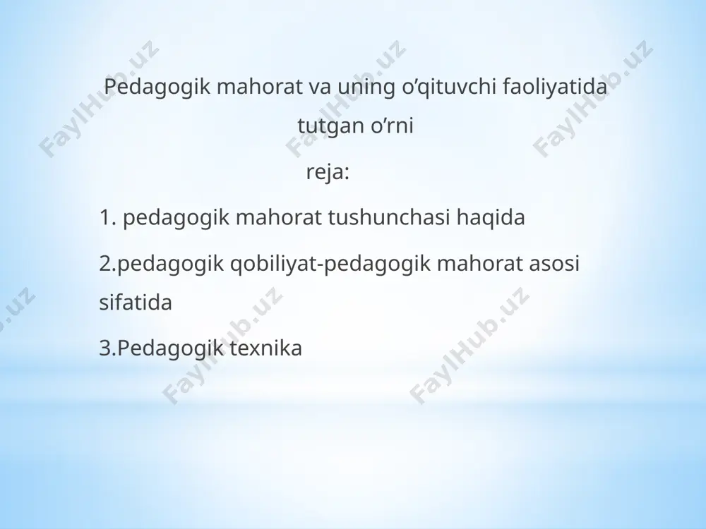 idrok qila olish fazilati); tashqi olamni va muhitni sezish, idrok etish ya’ni kuzatishda muhim ahamiyatga ega. o’qituvchi o’quvchining psixologiyasini va psixik holatini o’ziga singdirib idrok etadi. 4. kommunikativ , nutqiy qobiliyat (ixcham, ma'noli, ohangdor, muayyan ritm chastotaga ega bo‘lgan nutq, nutqning jarangdorligi, uning pauza, mantiqiy urg‘uga rioya qilishi); o’qituvchining pedagogik jamoa va ota- onalar bilan o’zaro muloqotga kirishishida muhim bo’lib, bunda o’qituvchi muomala madaniyatini muntazam o’zida singdirib shakllantirib borishi lozim. 5. tashkilotchilik qobiliyati (sinf guruhi yoki kursni uyushtirish va uni boshqarish istе'dodi); ya’ni sinf o’quvchilarining o’qituvchi tomonidan turli jamoat ishlariga va to’garaklarga jalb qila olishida namoyon bo’ladi. 6. psixologik tashxis (diagnoz) qobiliyati (insonning kеlajagini oqilona tasavvur qilish bashorati); tarbiyalanuvchilar- da qanday fazilatlar- ni taraqqiy ettirish lozimligini oldindan aytib bera olishidir. 7. diqqatni taqsimlash qobiliyati (bir nеcha ob'еktlarga bir vaqtning o‘zida ongini qarata olish); o’qituvchida diqqat- ning barcha xusu- siyatlari : hajmi , idora qilinishi, safarbarligi taraqqiy etgan bo’lishi muhimdir. 8.tashabbusga, …