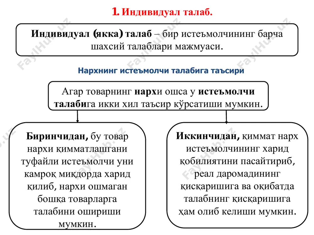 чекли алмаштириш нормаси (mrs) шу неъматларнинг нархлари нисбатига тенг бўлиш (mrsx,y = px/py) шарти бажариладиган ҳар қандай нуқтада истеъмолчи нафлиликни максималлаштиради. 1 2 даромаднинг ўзгариши бюджет чизиғини параллел равишда сурилашига олиб келади, чунки, бунда нархлар нисбати ўзгармайди. даромад ошганда, бюджет чизиғи ўнгга-юқорига сурилади, камайганда пастга-чапга сурилади. худди шундай силжишлар неъматлар нархи бир хил ўзгарганда ҳам содир бўлади. нархларнинг пасайиши реал даромадни оширади, натижада бюджет чизиғи ўнгга-юқорига силжийди. худди шундай нархларнинг ўсиши, реал даромадни камайтиради - бюджет чизиғи пастга-чапга силжийди. бюджет чизиқларини туташтирувчи ва дж. хикс томонидан “даромад-истеъмол” чизиғи деб аталган, бу кўп адабиётларда “турмуш кечириш даражаси” чизиғи деган ном олган. “даромад-истеъмол” чизиғи a5a4a3a2a1 y x w e5 e4 u5e3 u4 u3 e2 u2 e1 u1 john hicks (1904) англия q3q q2 q1 r кундалик эҳтиёж товарлари олий категорияли товарлар стандарт сифатли саноат товарлари энгель эгри чизиғи (1821-1896) тадқиқотлар кўрсатишича, истеъмолчилар биринчи навбатда озиқ-овқат товарларига бўлган эҳтиёжини қондирадилар, ундан сўнг стандарт …