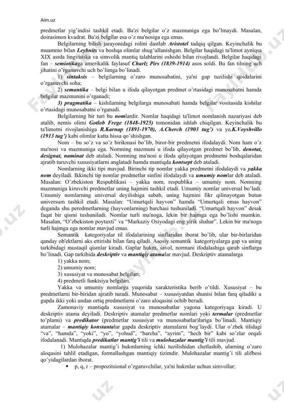 ga ega. fikrning mazmuni deganda unda ifodalangan predmetlar, ularning xususiyat va munosabatlari tushuniladi. tafakkurda mazmun tushuncha, hukm va xulosa chiqarishda bo’ladi. tafakkur shakllari keyingi mavzularda atroflicha o’rganiladi. biz bu o’rinda ularga qisqacha xarakteristika berib o’tamiz. alohida predmetlar yoki ularning yig’indisi turli mazmuniga ko’ra tushuncha shaklida fikr qilinadi. masalan, “inson” tushunchasi o’z mazmuniga ong va tafakkur, mehnat qilish qobiliyati, nutqga ega ijtimoiy mavjudotni oladi. turli xil mazmunga ega tushunchalar bir xil shaklga ega bo’ladi. tafakkurning hukm shaklida predmetlar o’rtasidagi munosabat va ularni belgilari ifodalanadi. bu aloqa va munosabatlar tasdiqlanadi yoki inkor qilinadi. masalan, “qalam o’quv qurolidir”, “qalam” va “o’quv quroli” tushunchalarining aloqadorligi tasdiqlanmoqda. hukmda tushunchalar munosabatini mantiqiy bog’lovchi ifodalaydi. hukmlarning umumiy sxemasi: s-p dir va s-p emas shaklida bo’ladi. shunday qilib hukm tasdiq yoki inkor shaklida tushunchalar aloqadorligini ifodalash usulidir. xulosa chiqarishda esa bir yoki bir necha hukmlardan (asos) yangi hukm (xulosa) hosil qilinadi. bir xil shakldagi xulosa chiqarishda xulosa bir …