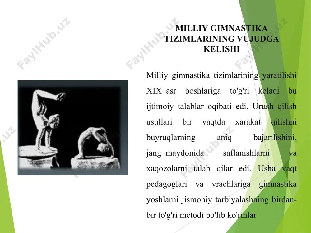 gentlar bilan o`tkaziladigan mashg`ulotlarda kuch, chaqqonlik, epchillikni, reaktsiya tezligini, fazoda mo`ljal olishni rivojlantirish uchun, shuningdek, vestibulyar apparatni mashq qildirish uchun keng qo`llaniladi. badiiy gimnastika mashqlari gimnastika asboblari (arg`amchi, gardish, sharf, to`p, cho`qmolar va x.k) bilan g asboblarisiz ijro etiladigan, shartli jihatidan turlicha tantsa harakteridagi harakatlarning uzviy va birikib ketgan kombinatsiyalaridan iborat. ular muzika jo`rligida ijro etilib, jismoniy kafolot hamda nafislik, erkinlik va jozibadorlikni tarbiyalash vositasi bo`lib xizmat qiladi. bunday mashqlar kontingenti xotin-qizlardan iborat mashg`ulotlarda qo`llaniladi. oyoq siltash uchun kon. bo‘yi 160 sm eni 36 sm, dastaklari 40-45 sm oraliqda simmetrik o‘rnatilgan, dastaklarning kon sirtidan balandligi 12 sm, poldan esa 120 sm bo‘ladi. sakrash uchun kon. uning o‘lchamlari ham dastkali konga o‘xshash bo‘ladi. konning poldan balandligi 110-150 sm, ayollar uchun 110 sm balandlikda bo‘ladi. bruslar. a) erkaklar parallel bruslar yog‘ochning uzunligi 350sm, poldan 160-170sm balandlikda o‘rnatilib oralig‘i 42-62sm bo‘ladi. b) ayollarning bruslari (balandligi xar-xil) pastki yog‘och 130-150sm, yuqori yog‘och 190-249sm balandda …