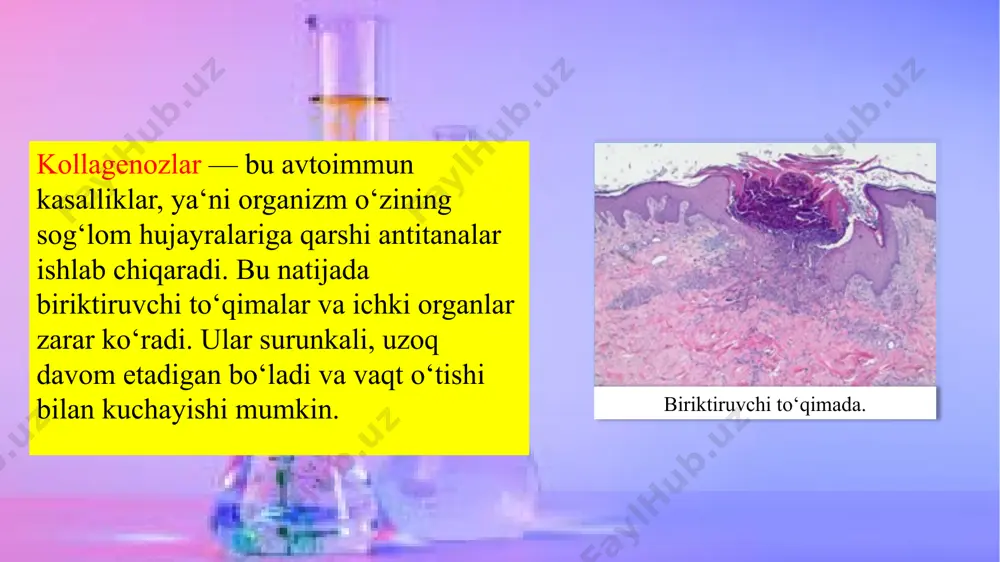 hlili: anemiya, leykopeniya, trombositopeniya bo‘lishi mumkin. immunologik tahlillar: ana (antinuklear antitelo) testi — ko‘pchilik kollagenozlarda musbat bo‘ladi. anti-dsdna — sle (qizil volchanka) uchun xos. rf (revmatoid faktor) va anti-ccp — revmatoid artrit uchun. kollagenozlar davolash kollagenozlar to‘liq davolanmaydi, lekin kasallikni nazorat qilish va simptomlarni kamaytirish uchun turli usullar qo‘llaniladi. 1. dorilar bilan davolash kortikosteroidlar (prednizolon, metilprednizolon) — kuchli yallig‘lanishga qarshi vositalar. immunosupressivlar (azatioprin, metotreksat, mikofenolat mofetil) — immun tizimini bostiradi. kollagenozlarni davolash har doim uzoq davom etadi, ba’zan umrbod davom etadi. dori preparatlarining asosiy guruhlariga quyidagilar kiradi: yallig‘lanishga qarshi nosteroid vositalar; glyukokortikoidlar; sitostatiklar; oltin preparatlari; aminoxinolin hosilalari. simptomatik davolash. ko‘z qurishi uchun sun‘iy ko‘z yoshi tomchilari. og‘iz qurishi uchun maxsus spreylardan foydalanish. reyno fenomeni uchun qon aylanishini yaxshilovchi dorilar. reabilitatsiya va fizioterapiya bo‘g‘imlar harakatchanligini saqlash uchun fizioterapiya. mushak kuchsizligini kamaytirish uchun reabilitatsion mashg‘ulotlar. hayot tarzini o‘zgartirish quyoshdan himoyalanish (sle bemorlari uchun). sog‘lom ovqatlanish va vazn nazorati. kollagenozni boshqarishning maqsadi kasallik …
