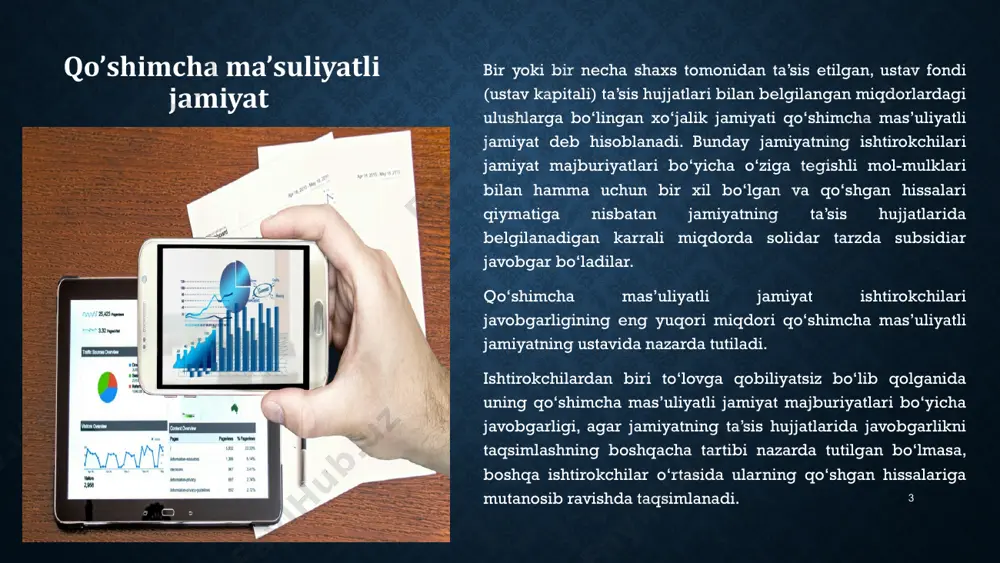 miyat ustav fondining (ustav kapitalining) kamida o‘n foizini tashkil etadigan jamiyat ishtirokchilari o‘z majburiyatlarini qo‘pol buzayotgan yoxud o‘z harakatlari (harakatsizligi) bilan jamiyatning faoliyat ko‘rsatishiga imkon bermayotgan yoki uni jiddiy tarzda qiyinlashtirayotgan ishtirokchini jamiyatdan sud tartibida chiqarilishini talab qilishga haqlidirlar. jamiyat ishtirokchilari qonunchilikda va jamiyatning ta’sis hujjatlarida nazarda tutilgan boshqa huquqlarga ham ega bo‘lishlari mumkin. jamiyat ishtirokchilari quyidagilarga haqlidirlar: ushbu qonunda va jamiyatning ta’sis hujjatlarida belgilangan tartibda jamiyatning ishlarini boshqarishda ishtirok etish; qonunchilikda va jamiyat ta’sis hujjatlarida belgilangan tartibda jamiyatning faoliyati to‘g‘risida axborot olish hamda uning buxgalteriya daftarlari va boshqa hujjatlari bilan tanishish; foydani taqsimlashda ishtirok etish; jamiyat tugatilgan taqdirda, kreditorlar bilan hisob-kitob qilinganidan keyin qolgan mol-mulkning bir qismini yoki uning qiymatini olish. jamiyatning ustav fondidagi (ustav kapitalidagi) o‘z ulushini yoxud uning bir qismini ushbu qonunda va jamiyatning ustavida nazarda tutilgan tartibda mazkur jamiyatning bir yoki bir necha ishtirokchisiga sotish yoki o‘zga tarzda ularning foydasiga voz kechish; jamiyat boshqa ishtirokchilarining roziligidan …