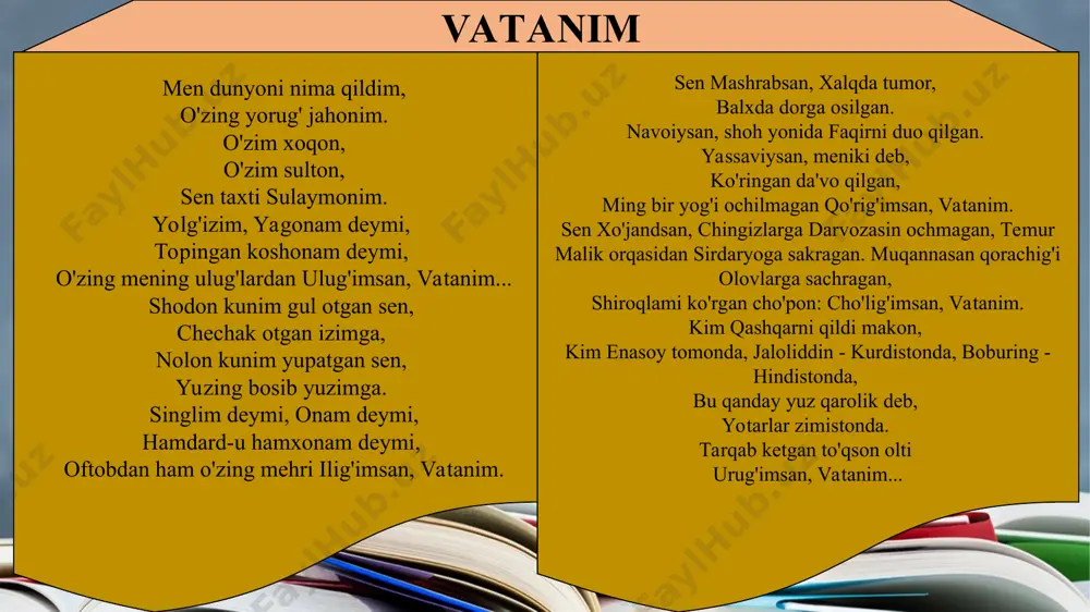 zmi) musiqada ikkinchi umrini boshlaydi, xonanda ovozi goh kuchayib, goh pasayib o'zbekning tarixiy ko'tarilish va tanazzul bosqichlarini ifoda etadi. aslida, vatan to'g'risidagi, yurtimiz tarixida o'tgan ulug'lar nomlarini birma-bir sanab, moziyda bo'lgan voqealarni eslab, ularga hamd-u sanolar aytish tarzida yozilgan she'rlarning soni boru sanog'i yo'q. ularning deyarli barchasida amir temur, manguberdi, navoiy va boburlar, cho'lpon va fitratlar, albatta, tilga olinadi, hammaga ma'lum sifat va o'xshatishlar orqali ular ulug'lanadi. biroq nima uchun ularning ko'pchiligi muhammad yusuf she'ri singari mashhur bo'lmadi? nega bu she'riy tizmalar millionlar ko'ngliga jonli his bo'lib ko'chib o'tmadi? demak, vatan to'g'risida kuylash ham har xil bo'lar ekanda. bu she'r-u qo'shiqning ham samimiysi, yurakdan chiqib yurakka boradigani va... aksincha ta'sir qiladigani bo'lar ekanda. avvalgi darslarda ozod sharafiddinovning inson qalbidagi vatan tuyg'usi, unga sadoqat hislariga bag'ishlangan «o’lsam, ayrilmasman quchoqlaringdan» maqolasi ustida bahs yuritganimiz esingizdami? olim amalda emas, balki ko'proq og'izda «vatanparvarlik» qiladiganlardan ozurda ko'nglini to'kib solgandi o'z ma-qolasida. boyagi she'rlarni ham …