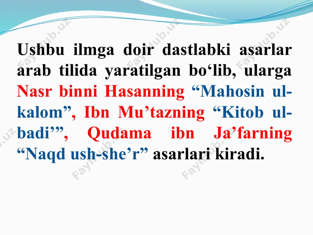 a asoslangan badiiy san’at. g’arb adabiyotshunosligida palindrom deb yuritiladi. uning maqlubi kull (zor-roz), maqlubi ba’z (qamar-raqam), maqlubi mujannah (so’zning biri misra|bayt boshida, ikkinchisi misra| bayt oxirida joylashadi) va maqlubi mustaviy degan turlari bo’lib, ular orasida maqlubi mustaviy san’ati mumtoz adabiyotda keng qo’llanilgan. shakkar dahano g‘ame nadoriy, dayr o daniyi mug‘ona darkash. radd ul-matla’ radd ul-matla’ (ar. – matla’ning takrorlanishi) – g‘azal yoki qasida matla’idagi birinchi misraning maqta’da, ba’zan she’r tarkibidagi baytlardan birida takrorlanib kelishiga asoslangan she’riy san’at. bu tarzdagi takror tasodifiy bo‘lmasdan, muayyan poetik maqsadga ega. g‘azal matla’si yoki qasidaning birinchi baytida ilgari surilgan fikr keyingi baytlarda rivojlantirilib boriladi va she’r nihoyasida misrani takrorlash orqali o‘sha fikr yana ta’kidlanadi. kechti umrum naqdi g‘aflat birla nodonlig‘da hayf, qolg‘ani sarf o‘ldi anduh-u pushaymonlig‘da hayf… … ey navoiy, voqif erman xalqdin, bori mening kechti umrum naqdi g‘aflat birla nodonlig‘da hayf (navoiy) radd ul-matla’ning ikkinchi ko‘rinishiga misol: otashin gul bargidin xil’atki jononimdadur, xil’at ermas, …