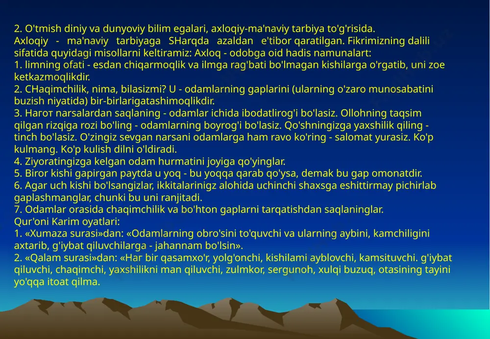 achchig'i kelub: «bu zolumni urub o'ldirmasam bo'lmas», - deb, bir katta toshni olub, kelub, qishloqining boshiga chunon urdiki, pashsha uchub ketib, qishloqi o'lub qoldi. hissa: do'sti nodondan, dushmani ziyrak yaxshi. («ayiqning do'stligi». a.avloniy) 3. mehnatga bo'lgan munosabat: soqi bir kuni maktabdan kelub, onasidan taom so'radi. onasi oldiga bir kosa sho'rbo keltirub qo'ydi. soqi sho'rbodan bir qoshuq og'ziga olub: «ona man bu mazzasiz sho'rboni ichmasman», - dedi. onasi: «khmasang qo'y, o'g'lim, boshqa pishirub berurman», - deb, oldidan olub qo'ydi. soqini kechgacha xazon toshitub, ishlatdi. soqi horub, charchab, qorni ochub, o'ltirg'on edi. onasi yana shul sho'rboni isitub olib kelub, oldiga qo'ydi. soqi sho'rbodan biroz ichub ko'rub: «mapa, onajon! bu qanday totli sho'rbo bo'lmish. umrimda aslo mundoq shirin sho'rboni ichkonim yo'q», - deydi. onasi kulub: «ey, o'g'lim, bu boyagi o'zing ichmagan sho'rbodur, hozir san harakat qilding, ishlading, qorning ochdi, ishtahang ochildi. sho'rbo ham shirin bo'ldi», - dedi. hissa: ishlamak ishtaha ochar, dangasa ishdan …