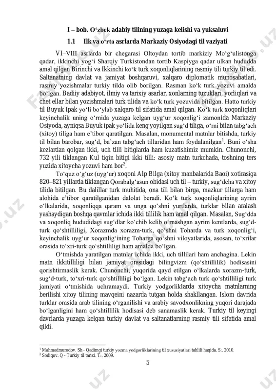 ik uyg‘ur xoqonlig‘ining toharga qo‘shni viloyatlarida, asosan, to‘xrilar orasida to‘xri-turk qo‘shtilliligi ham amalda bo‘lgan. o‘tmishda yaratilgan matnlar ichida ikki, uch tillilari ham anchagina. lekin matn ikkitilliligi bilan jamiyat orasidagi bilingvizm (qo‘shtillilik) hodisasini qorishtirmaslik kerak. chunonchi, yuqorida qayd etilgan o‘lkalarda xorazm-turk, sug‘d-turk, to‘xri-turk qo‘shtilliligi bo‘lgan. lekin tabg‘ach turk qo‘shtilliligi turk jamiyati o‘tmishida uchramaydi. turkiy yodgorliklarda xitoycha matnlarning berilishi xitoy tilining mavqeini nazarda tutgan holda shakllangan. islom davrida turklar orasida arab tilining o‘rganilishi va arabiy savodxonlikning yuqori darajada bo‘lganligini ham qo‘shtillilik hodisasi deb sanamaslik kerak. turkiy til keyingi davrlarda yuzaga kelgan turkiy davlat va saltanatlarning rasmiy tili sifatida amal qildi. 1 mahmadmurodov. sh - qadimgi turkiy yоzma yоdgorliklarining til xususiyаtlari tahlili haqida. s:. 2010. 2 sodiqov. q - turkiy til tarixi. t:. 2009. 6 mahmud koshg‘ariy o‘zining “devonu lug‘atit turk” asarida turkiy tilning obro‘-e’tibori, boshqa tillar o‘rtasidagi mavqei, o‘rta va markaziy osiyodagi til vaziyati to‘g‘risida to‘la ma’lumot bergan edi. u turkiy tilning …