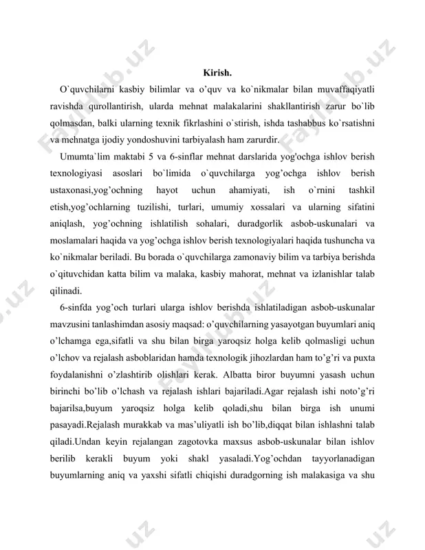 un birinchi bo’lib o’lchash va rejalash ishlari bajariladi.agar rejalash ishi noto’g’ri bajarilsa,buyum yaroqsiz holga kelib qoladi,shu bilan birga ish unumi pasayadi.rejalash murakkab va mas’uliyatli ish bo’lib,diqqat bilan ishlashni talab qiladi.undan keyin rejalangan zagotovka maxsus asbob-uskunalar bilan ishlov berilib kerakli buyum yoki shakl yasaladi.yog’ochdan tayyorlanadigan buyumlarning aniq va yaxshi sifatli chiqishi duradgorning ish malakasiga va shu bilan birga, nazorat-o‘lchov hamda rejalash asboblari va asbob-uskunalardan o‘rinli, to‘g‘ri foydalana olishlariga bog‘liq. shuning uchun o’quvchilarda o’lchov va rejalash asboblari bilan birgalikda maxsus asbob-uskunalardan va texnologik jihozlardan to’g’ri va aniq foydalanish bilim,ko’nikma va malakalarini shakllantirish,shu bilan birga ishga va asbob-uskunalarga e’tiborli bo’lib, xavfsizlik-texnikasi qoidalariga rioya qilgan holda ishni to’g’ri tashkil qilishni o’rgatish lozim. ii. yog`ochga ishlov berish stanoklari va ularning turlari mavzusining nazariy asoslari. 2.1. yog`ochga ishlav beradigan stanoklarning asasiy turlari. yo‘nish, qirqish vaqtida iskanalarni tutib (tirab) turish maqsadida tirgakdan foydalaniladi. yogʻochga ishlov berish jihozlari — yogʻochga zarur shakl va oʻlcham berishda qoʻllaniladigan asbob hamda …
