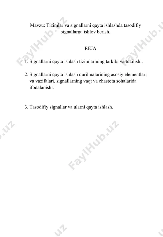 bo‘lishi mumkin. bizning sezgi organlarimiz signallarning analog shakllariga aniq sezgir hisoblanadi: quloqlar tovushga, ko‘zlar nurga, terimiz haroratga, burun hidni sezish uchun. bizning sezgi organlarimiz fizik signallarni (tovush, yorug‘lik, harorat, hidlar) o‘lchaydi va o‘zgartiradi, shuningdek ularni miyaga qayta ishlash va qaror qabul qilish uchun yuboradi. signallar dinamik jarayonlarning o‘z vaqtida ishlash modeli hisoblanadi, shuning uchun bunday signallarni qayta ishlash jarayonlarning o‘zi signallar orqali o‘rganish imkonini beradi. atrofimizdagi dunyo analog (vaqt, masofa, harorat) hisoblanadi, ammo mutaxasislar signallarga aniqroq ishlov berish uchun analog-fizik parametrlarni o‘lchash va ularni raqamli shaklga aylantirishni o‘rgandilar. analog signallarga raqamli ishlov berish va saqlash qiyinroq bo‘lib, ularga raqamli texnologiyalarni qo‘llash mumkin emas. signallarning raqamli shakli, ya’ni ikkilik ko‘rinishi raqamli ishlov berish uchun qulay hisoblanadi. bunday holda nafaqat signallarni ro‘yxatdan o‘tkazish, shuningdek ularni kompyuterlarda saqlash va qayta ishlash mumkin. signallarga raqamli ishlov berishning asosiy vazifalari: - signal parametrlari - amplituda, faza, chastota, spektrni o‘lchash orqali obyekt haqida ma’lumot olish; - …
