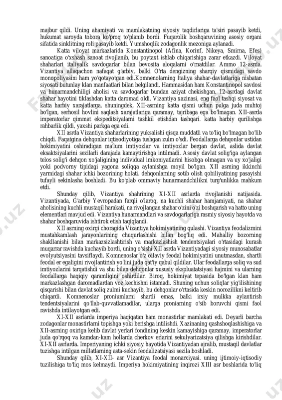 faqat xii-asr oxirlarida boshlandi.imperiyani davlat boshqaruvi va boshqaruvini tashkil etish x asr o'rtalarida. xii-asr ham katta o'zgarishlarga duch keldi. yustinian qonuni normalarining yangi sharoitlarga (to'plamlar) faol moslashuvi yuz berdi isagoga, prochiron, vasiliki va yangi qonunlarning nashr etilishi.) synclitus yoki basileus boshchiligidagi eng oliy dvoryanlar kengashi, genetik jihatdan kech rim senati bilan chambarchas bog'liq bo'lib, odatda uning kuchining itoatkor vositasi edi.eng muhim boshqaruv organlari kadrlarini shakllantirish butunlay imperatorning irodasi bilan belgilandi. leo vi davrida tizimga martabalar va unvonlarning iyerarxiyasi kiritildi. bu imperiya qudratini mustahkamlash uchun eng muhim vositalardan biri bo'lib xizmat qildi. xi asrda vizantiya iqtisodiyoti yuksalayotgan edi, ammo uning ijtimoiy-siyosiy tuzilishi vizantiya davlatchiligining eski shakli inqiroziga uchradi. xi asrning ikkinchi yarmidagi evolyutsiya inqirozni engishga yordam berdi. - feodal yer egaligining o'sishi, dehqonlarning asosiy qismining feodal-ekspluatatsiya qilingan qismiga aylanishi, hukmron sinfning konsolidatsiyasi. ammo armiyaning stratiotlar tomonidan vayron bo'lgan dehqon qismi endi jiddiy harbiy kuchga aylanmadi, hatto zarba feodal otryadlari va yollanma …