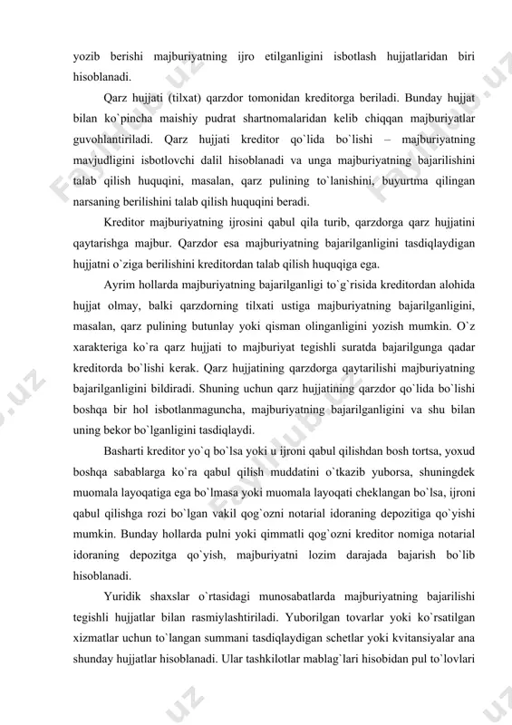 blanadi. yuridik shaxslar o`rtasidagi munosabatlarda majburiyatning bajarilishi tegishli hujjatlar bilan rasmiylashtiriladi. yuborilgan tovarlar yoki ko`rsatilgan xizmatlar uchun to`langan summani tasdiqlaydigan schetlar yoki kvitansiyalar ana shunday hujjatlar hisoblanadi. ular tashkilotlar mablag`lari hisobidan pul to`lovlari va boshqa xarajatlarning to`g`ri sarflanganligini tasdiqlash hamda tegishli nazorat olib borish imkonini beradi. 24.3. majburiyatlarni hisobga o`tkazish yo`li bilan bekor bo`lishi hisobga o`tkazish – bu majburiyatni bekor qiladigan shunday usulki, buning vositasida muddati to`lgan yoki qisman muddati ko`rsatilmagan yoxud talab qilish payti bilan belgilangan muqobil o`xshash talab hisobga o`tkazilishi bilan majburiyat to`liq yoki qisman bekor bo`ladi (fkning 343-moddasi, chunonchi, kim oshdi savdosida g`olib chiqqan shaxs bilan shartnoma tuzishda u to`lagan zakalat summasi tuzilgan shartnoma bo`yicha majburiyatlarni bajarishda hisobga o`tkaziladi). hisobga o`tkazish o`z-o`zicha avtomatik ravishda amalga oshirilmaydi. fuqarolik huquqi nuqtai-nazaridan hisobga o`tkazish bir tomonlama bitim bo`lib ko`ringani tufayli bunga bir tomonning hisoblashish to`g`risidagi arizasi kifoya qiladi. hisobga o`tkazish – majburiyatlarning bajarilishini osonlashtiradi, chunki bu usul taraflarni bir-birlariga pul …