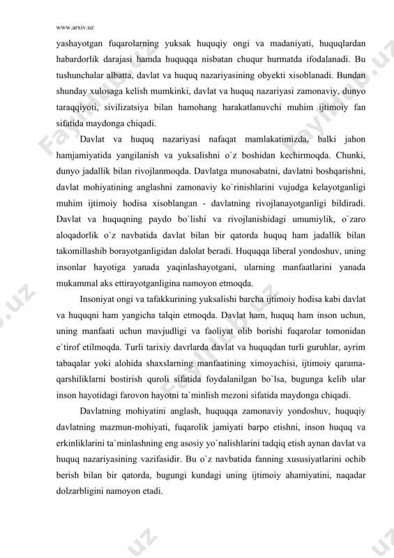 erkinliklarini ta`minlashning eng asosiy yо`nalishlarini tadqiq etish aynan davlat va huquq nazariyasining vazifasidir. bu о`z navbatida fanning xususiyatlarini ochib berish bilan bir qatorda, bugungi kundagi uning ijtimoiy ahamiyatini, naqadar dolzarbligini namoyon etadi. xozirgi zamon hamda davlat va huquq nazariyasi fani xxi asrga kelib dunyo fanlari jamiyatning yuksak taraqqiyotiga asos bо`lib xizmat qilmoqda. olamshumul kashfiyotlar, misli kо`rilmagan ixtirolar turli fanlarning yutug`idir. bugungi sivilizatsiya sharoitida fanning yangi-yangi kо`rinishlarining paydo bо`lishi bilan bir vaqtda avval mavjud bо`lgan fanlar takomillashtirib borilmoqda. davlat va huquq nazariyasi fani ham shular jumlasidan. shu о`rinda “fan” tushunchasiga tо`xtalib о`tish о`rinli. fan – bu muayyan soha bо`yicha bilimlar berishga ixtisoslashtirilgan ilm yо`nalishi xisoblanadi. “fan — tabiat, jamiyat va inson tafakkuri tо`g`risidagi tushunchalarda, kategoriyalarda, qonunlarda aks ettirilgan, haqqoniyligi amaliyotda tasdiqlangan bilimlar tizimidir. har bir fan о`ziga xos obyekti va unga mos keluvchi predmeti bilan ajralib turadi”. fan jamiyat va tabiatni, umuman borliqni anglashning kalitidir. xar bir fan о`z predmeti va …