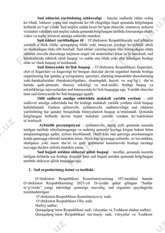 nunga muvofiq javobgarlikka sabab bo‘ladi. sudyalarga odil sudlovni amalga oshirish bilan bog‘liq bo‘lmagan har qanday vazifalar yuklatilishiga yo‘l qo‘yilmaydi. sud hujjatlarining majburiyligi – qonuniy kuchga kirgan sud hujjatlari barcha davlat organlari, jamoat birlashmalari, korxonalar, muassasalar va tashkilotlar, mansabdor shaxslar, fuqarolar uchun majburiydir hamda o‘zbekiston respublikasining butun hududida ijro etilishi shart. sud hujjatini ijro etmaslik qonunda belgilangan tartibda javobgarlikka sabab bo‘ladi. qonun va sud oldidagi tenglik – barcha fuqarolar jinsi, irqi, millati, tili, dini, ijtimoiy kelib chiqishi, e’tiqodi, shaxsi hamda ijtimoiy mavqeyidan qat’i nazar, qonun va sud oldida tengdir. korxonalar, muassasalar hamda tashkilotlar ham qonun va sud oldida tengdir. sud ishlarini yuritishning oshkoraligi – barcha sudlarda ishlar ochiq ko‘riladi. ishlarni yopiq sud majlisida ko‘rib chiqishga faqat qonunda belgilangan hollarda yo‘l qo‘yiladi. sud majlisi zalida hozir bo‘lgan shaxslar, ommaviy axborot vositalari vakillari sud majlisi zalida qonunda belgilangan tartibda fotosuratga olishi, video va audio yozuvni amalga oshirishi mumkin. sud ishlari yuritiladigan til – …