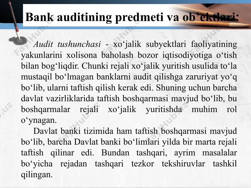 engashi tomonidan tasdiqlangan siyosatga to‘liq amal qilinishini tekshirish ham kiradi. bank auditining metodlari har qanday auditda, shu jumladan bank auditida ham tadqiqotning metodlari, ya’ni kuzatish va eksperiment, ideallashtirish, analiz va sintez, induktsiya va deduktsiya, gipoteza va taqqoslash, o’lchash va hisoblash, so’rov va qiyoslash va hokazo usullar qo’llaniladi. umumiy dialektik metod doirasida induktiv metod ham qo’llaniladi. induktiv metod asosida xususiylikdan umumiylikka qarab tadqiqotlar olib boriladi. shu bilan birga bunda umumiy holatlar talay faktlarga asoslanadi. deduktiv metod qo’llanilgan jarayonda tadqiqot umumiy holatlardan xususiy holatlarga qarab olib boriladi. mazkur metod boshqaruv tizimining yo’nalishi va samaradorligini baholash uchun tijorat bankining xo’jalik faoliyatini o’rganishda qo’llaniladi. alohida olingan xo’jalik operatsiyalarini baholash, turli xil lokal vazifalarni echish uchun asosan induktiv metod qo’llaniladi. bank auditining xususiy metodlari auditning vazifalari hisobotlarning umumiy muvofiqligi; hisobotlarning asoslanganligi; hisobotlarning tugatilganligi; hisobotlarning baholanishi: tasniflanishi; bolinishi; tartibga rioya qilinishi; ichki audit xizmati bankda ichki nazorat holatini , jumladan moliya-xo’jalik faoliyatisamaradorligi,hisobning ishonchliligiva aniqligi, hisobotlarning to’liqligi …