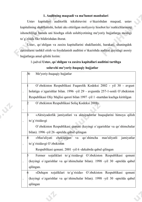 01 -yil 12- mayda qabul qilingan 8. «buxgalteriya hisobi to`g`risida»gi o`zbekiston respublikasi qonuni. 1996 -yil 30 avgustda qabul qilingan. 9. auditorlik faoliyati to`g`risida»gi o`zbekiston respublikasi qonuni. 2000 -yil 26 -mayda qabul qilingan 10. o`zbekiston respublikasi moliya vazirligining 2002 -yil 7 -fevraldagi 31-sonli buyrug`i bilan tasdiqlangan «moliyaviy hisobot shakllari va ularni to`ldirish qoidalari» (keyingi o`garishlar va qo`shimchalar bilan) 11. o`zbekiston respublikasi moliya vazirligi va davlat soliq o`mitasi tomonidan 2002 -yil 17aprelda 51 va 002-40-sonli qarori bilan qabul qilingan «amaldagi qonunchilik bilan belgilangan muddatlarda nizom kapitallarini (jamg`armalarini) shakllantirmagan xorijiy investitsiyalarga ega bo`lgan korxonalardan soliqlarni undirib olish tartibi to`g`risidagi nizom» 12. o`zbekiston respublikasi moliya vazirligi, davlat mulk qo`mitasi va davlat soliq qo`mitasi tomonidan 2002 -yil 25 -martda 47, 10-1-48, 2002-33-sonli qarori bilan qabul qilingan «xojalik yurituvchi subyektlar tomonidan davlat tasaruffidagi (davlat ulushi) aktsiyalar bo`yicha dividendlarni hisoblash, to`lash va maqsadli foydalanish tartibi to`g`risida nizom» 13. 1-sonli «hisob siyosati va moliyaviy hisobot» o`zbekiston respublikasi buxgalteriya …