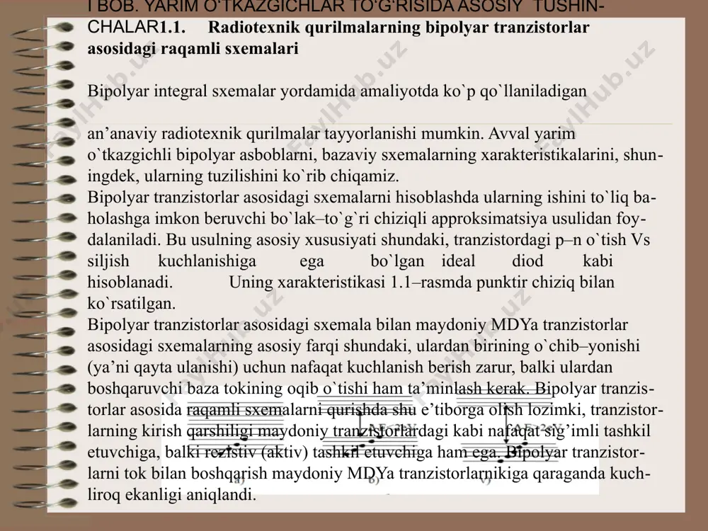 o‘tishga keltirilgan tashqi kuchlanishni bir qismi diodning baza qarshiligida qolishi tufayli, to‘g‘rilash samaradorligi pasayadi. shundan kelib chiqadiki, yuqori chastotada ishlaydigan yo‘dni n-p o‘tishlari kichik sig‘imli va bazaning kichik qarshiligiga ega bo‘lishi kerak. agar zanjir elementlaridan birortasi tok kuch yoki kuchlanishga bog'lik o'zgaruvchan miqdor bo'lsa, ko'rilayotgan tenglama ham, va shunga ko‘ra zanjir ham chiziqli bo'lmaydi. bordiyu r, l va c kattaliklardan birortasi vaqtga bog‘lik o'zgaradigan kattalik bo'lsa zanjir chizikli bo'ladi. unda (2.1) tenglama parametrik tengla- maga aylangani uchun zanjir parametrik zanjir deyiladi. bu mulohazalar shuni ko‘rsatadiki, chiziqli zanjirlarning xarakterlovchi kattaliklari- parametrlari o'zgarmas miqdorlarn ya'ni chiziqli elementlar bo'ladi. chiziqli bo'lmagan zanjirlarda esa, kamida bitta chiziqli bo'lmagan element qatnashadi. chiziqli zanjirlarda tok kuchining ortishi uning elementlaridagi potensial tushuvining proportsional ravishda ortishiga olib keladi. 8 2.3§ tunel diodlar tunnel diodlar ko‘p miqdorda aralashmali yarim o‘tkazgichlardan tayyorlanadi (yaratilgan yarim o‘tkazgichlar). yaratilgan yarim o‘tkazgichlar asosida bajarilgan n-p o‘tishni volt-amperli tavsifi manfiy qarshilikli hududga ega bo‘lib, bunda …