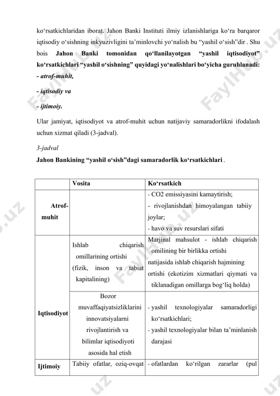 yondashuvi: umumiy va farqli jihatlar barqaror rivojlanishga erishishda inson farovonligini oshirish, resurslardan oqilona foydalanish va atrmof-muhitga yetkazilayotgan zararni minimallashtirish maqsadi xalqaro tashkilotlar tomonidan “yashil iqtisodiyot”ni baholashdagi umumiy jihat hisoblanadi. xalqaro tashkilotlar tomonidan “yashil iqtisodiyot”ni baholashdagi farqli jihatlar esa ular tomonidan qo‘llanilayotgan ko‘rsatkichlar tizimida namoyon bo‘ladi. xalqaro amaliyotda “yashil iqtisodiyot”ni baholashda “yashil o‘sish” ko‘rsatkichlaridan keng foydalaniladi. jumladan, 2009 yilda 34 mamlakat vakillari tomonidan “yashil o‘sish” deklaratsiyasi imzolandi va uzoq muddatli davrda barqaror iqtisodiy o‘sishni faqatgina “yashil o‘sish” hisobidan ta’minlanishi mumkin, degan xulosa qilingan. “yashil o‘sish” an’anaviy iqtisodiy o‘sish tushunchasiga nisbatan yangi, keng qamrovli tushuncha bo‘lib, iqtisodiy o‘sish bilan bir vaqtda yuz beradigan zararlarni (implicit cost) ham hisobga oladi. jumladan, iqtisodiy o‘sish natijasida tabiatga keltiriladigan zararlar va milliy boylikning kamayishi shular jumlasiga kiradi. iqtisodiy o‘sishning “yashil modeli” agar mukammal ishlab chiqilib, samarali amalga oshirilsa resurslar sarfi jihatdan barqaror ishlab chiqarish, iste’mol tanloviga ijobiy ta’sir ko‘rsatadi va quyidagi natijalarga erishish imkonini beradi: iqtisodiy …