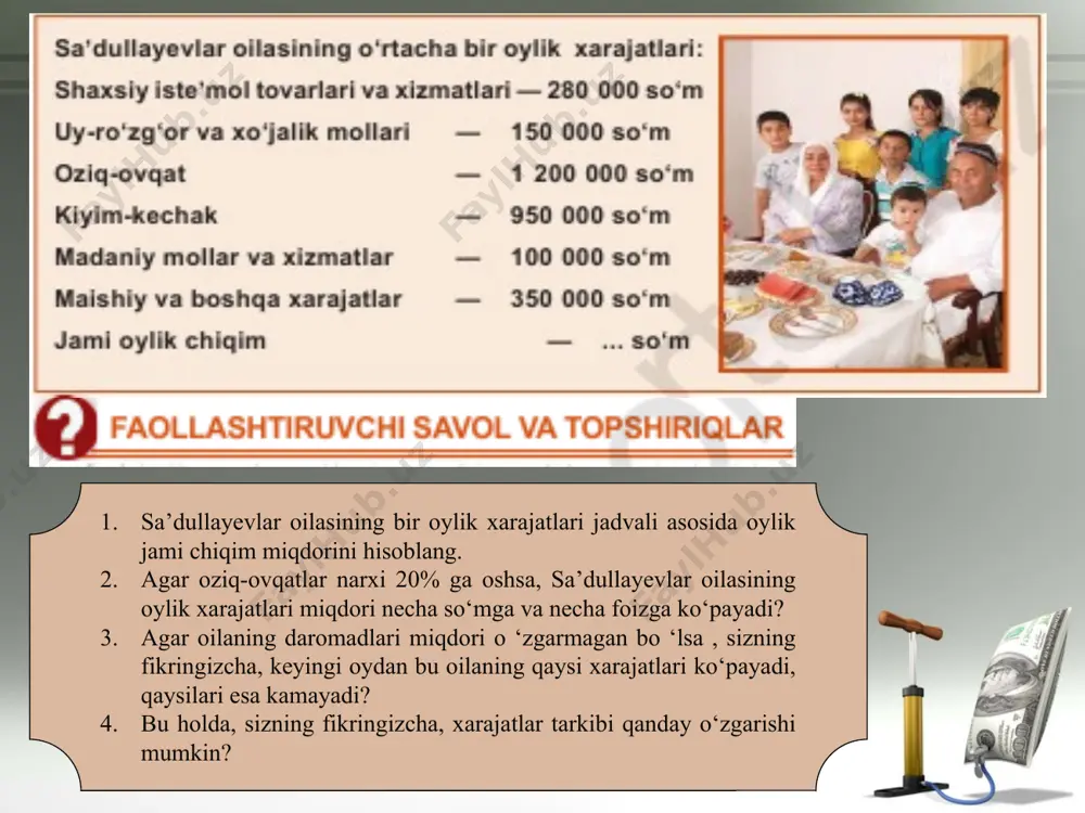 miqdori taklif etilayotgan tovar va xizmatlar miqdoridan ko‘p bo‘ladi. shu bois narxlar oshadi. 2. tovarni ishlab chiqarish uchun zarur resurslar (ishchi kuchi va xom ashyo) narxlarining oshishi natijasida. masalan, ishchi kuchi resurslarining narxi, ya’ni ish haqi oshirilsa, bir tomondan tovarning narxi oshadi (chunki, ish haqi tovarning tannarxiga kiradi), ikkinchi tomondan esa aholi qo‘lidagi pul massasi oshadi. inflatsiyani jilovlab turish juda mushkul ish. bu ish davlatning eng asosiy iqtisodiy vazifalaridan biri hisoblanadi. inflatsiyani nazoratdan chiqarib yuborish, uning o‘sib giperinflatsiyaga aylanishiga olib kelishi mumkin. giperinflatsiya deb, narx-navoning haddan tashqari oshishiga aytiladi. giperinflatsiya paytida narxlar yiliga 50 baravardan ham ko‘proq ko‘tarilishi kuzatiladi. * inflatsiya – mamlakatdagi o‘rtacha narx-navoning muttasil oshib borishi. inflatsiya darajasi – ma’lum davrdagi narx-navo oshishining foizlardagi miqdori. giperinflatsiya – mamlakatda o‘rtacha narx-navoning haddan tashqari (yiliga 50 baravardan ham ko‘p) oshgandagi holat. inflatsiya haqida gapirilganda iste’mol bozoridagi narxlarning o‘zgarishini aniqlash uchun zarur bo‘lgan iste’mol narxlari indeksi tushunchasini kiritishimiz lozim bo‘ladi. bu …