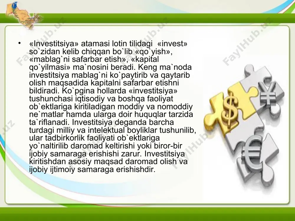 rishi, ishlab chiqarishni tushib ketishiga, milliy mahsulot hajmini mutlaq kamayishiga olib keldi. investitsiya kiritishda, avvalo: - investitsiya faoliyati sub`ektlarning mustaqilligi va tashabbuskorligi; - kiritilayotgan moddiy ne`matlarga investitsiya maqomini berish (fuqaro o`zining ehtiyojlarini qondirish uchun olgan buyumlari investitsiya bo`la olmaydi); - qonun bilan belgilangan investitsiya faoliyatini amalga oshirish imkoniyati yaratilishi zarur bo`lib hisoblanadi. investitsiyalar – bu yangi korxonalar qurilishiga, mashina va asbob-uskunalar sotib olishga, ya`ni yangi kapitalni barpo etishga ketgan harajatlardir.investitsiyaga ketgan harajatning miqdori ikki omilga bog`liq: birinchisi – sof foydaning kutilayotgan me`yori, qaysiki uni tadbirkorlar investitsiyaga ketgan harajatlaridan olishni mo`ljallaydi; ikkinchisi – foiz stavkasi yoki tadbirkor real kapitalni sotib olishga zarur bo`lgan pulga ega bo`lishi uchun to`lashi lozim bo`lgan baho. agarda, kutilayotgan foyda me`yori foiz stavkasidan yuqori bo`lsa, investitsiyalash foydali va aksincha, foiz stavkasi kutilayotgan foyda me`yoridan yuqori bo`lsa, investitsiyalash foydali bo`lmay qoladi. investitsiya funktsiyasining grafigi. foiz stavkasi investitsiya hajmi r i xorijiy investitsiyalarning mohiyati va jalb qilish sabablari xorijiy …