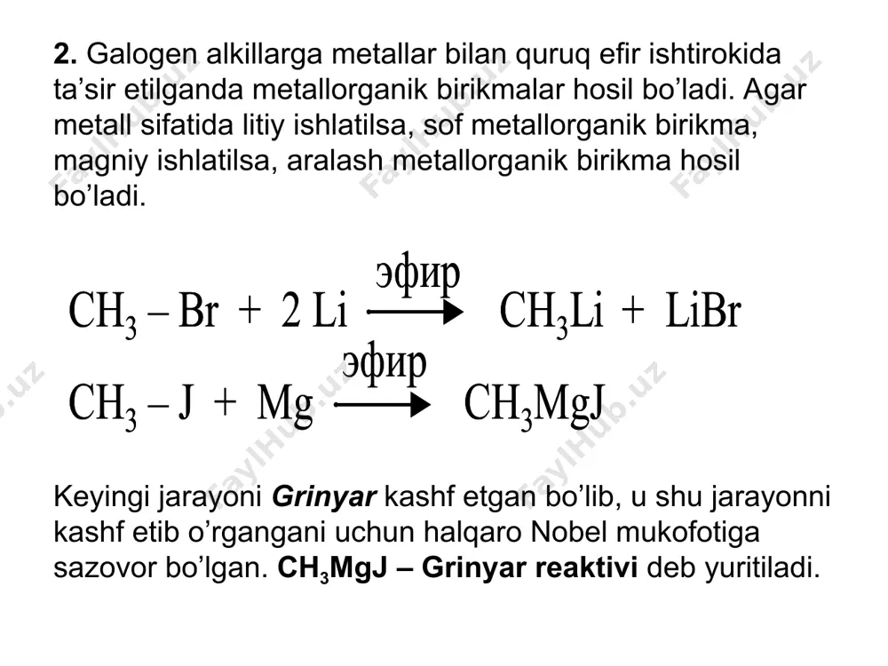 ; n(c3h8) = x mol; n(c4h10) = 1 - 0,2 - x = (0,8 – x) mol 4) mr(o’rtacha) = mr(c3h6)·n + mr(c3h8)·n + mr(c4h10) ·n / 1 mol mr(o’rtacha) = 42·0,2 + 44·x + 58·(0,8-x) / 1 = 8,4 + 44x + 46,4-58x / 1 = 50,6 x = 0,3 mol c3h8 n(c4h10) = 0,8-0,3 = 0,5 mol c4h10 5) m(c4h10) = mr(c4h10)·n(c4h10) = 58 · 0,5 = 26g c4h10 5-masala. 22,4 litr (n.sh.da) etanni (yorug’lik ishtirokida) xlorlashda hosil bo’lgan vodorod xloridni neytrallash uchun 1120g 20% li kaliy gidroksid eritmasi sarflangan bo’lsa, etan molekulasidagi nechta vodorod xlor bilan almashingan. 1) n = v/ vm = 22,4 / 22,4 = 1 mol etan 2) n(koh) = m(eritma)·ω / mr = 1120·0,2 / 56 = 4 mol koh 4 mol x=4 mol 3) koh + hcl = kcl + h2o 1 mol 1 mol ch3-ch3 + 4cl2 → ch(cl)2-ch(cl)2 + 4hcl …