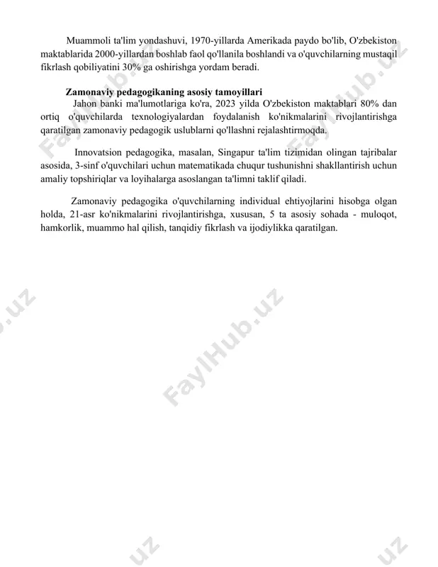 'lim metodlari samaradorligini o'rganish bo'yicha tadqiqotlar o'tkazilib, natijalar 15% ga o'rtacha o'quv natijalarining yaxshilanishini ko'rsatdi. muammoli ta'lim yondashuvi, 1970-yillarda amerikada paydo bo'lib, o'zbekiston maktablarida 2000-yillardan boshlab faol qo'llanila boshlandi va o'quvchilarning mustaqil fikrlash qobiliyatini 30% ga oshirishga yordam beradi. zamonaviy pedagogikaning asosiy tamoyillari jahon banki ma'lumotlariga ko'ra, 2023 yilda o'zbekiston maktablari 80% dan ortiq o'quvchilarda texnologiyalardan foydalanish ko'nikmalarini rivojlantirishga qaratilgan zamonaviy pedagogik uslublarni qo'llashni rejalashtirmoqda. innovatsion pedagogika, masalan, singapur ta'lim tizimidan olingan tajribalar asosida, 3-sinf o'quvchilari uchun matematikada chuqur tushunishni shakllantirish uchun amaliy topshiriqlar va loyihalarga asoslangan ta'limni taklif qiladi. zamonaviy pedagogika o'quvchilarning individual ehtiyojlarini hisobga olgan holda, 21-asr ko'nikmalarini rivojlantirishga, xususan, 5 ta asosiy sohada - muloqot, hamkorlik, muammo hal qilish, tanqidiy fikrlash va ijodiylikka qaratilgan. 📌xulosa замонавий педагогика портрети таълимнинг инсонпарварлаштирилиши, шахсга йўналтирилиши ва инновацион технологиялардан фойдаланиш орқали ўқувчиларнинг мустақил фикрлаши ва яратувчанлик салоҳиятини ривожлантиришга қаратилганлигини кўрсатади. 📚foydalanilgan adabiyotlar 1. shulman, l. s. (1986). those who understand: knowledge …