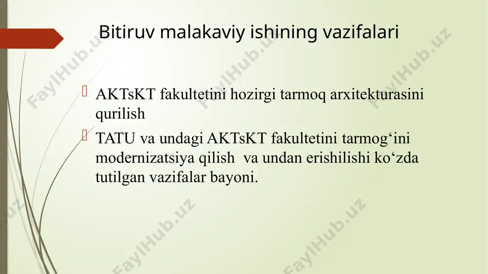 kim portingizga ulana olmaydi) * tezlik oshiriladi * har bir hodimda telefon apparati bo’lishi mumkin *vlanlar sabab hamma oldindan belgilangan yani bir vlan ostidagi shaxslari bilan aloqa qiladi(studentlardan tashqari) * masshtablashtirish imkoni yaratiladi. *eng asosiysi adminlar istalgan yerdan turib istalgan qurilmani ichiga kirib nastroyka qilishi mumkin.(vlan 1 bilan) e’tiboringiz uchun tashakkur! image1.png image2.png image3.png image4.png image5.png image6.png image7.png image8.png image9.png image10.png image11.png image12.png image13.png