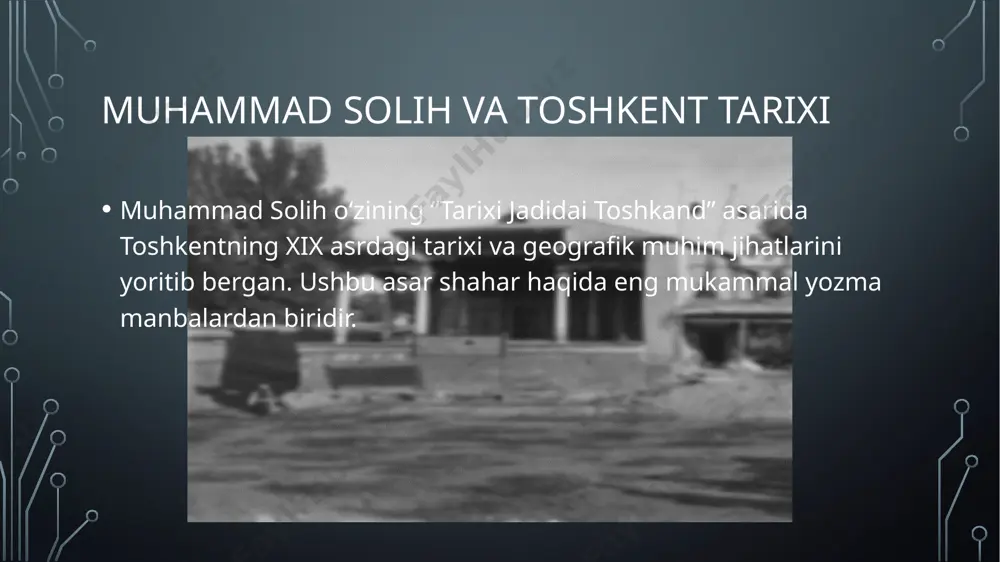 ni haqida batafsil ma'lumot keltirilgan. shahar aholisi va hayoti asarda toshkent aholisining turmush tarzi, mehnat faoliyati va urf-odatlari haqida ma'lumotlar berilgan. asarning bugungi ahamiyati “tarixi jadidai toshkand” asari toshkentning o‘tmishini o‘rganish uchun noyob manba bo‘lib xizmat qiladi. toshkentning o‘rta asrdagi ko‘rinishi muhammad solihning asarida toshkentning o‘rta asrlardagi ko‘rinishi, madaniy obidalari va shahar tuzilishi tasvirlangan. toshkentning muqaddas joylari asarda toshkentdagi muqaddas joylar, masjidlar va maqbaralar haqida batafsil ma'lumotlar mavjud. asar muhokamasi va xulosa asar toshkent tarixining turli jihatlarini yoritib, o‘sha davr hayotini ko‘rsatib beradi. muhammad solih merosining o‘rganilishi bugungi kunda muhammad solihning asari tarixchilar va tadqiqotchilar tomonidan katta qiziqish bilan o‘rganilmoqda. toshkent topografiyasi: bugungi tasvir asar toshkentning bugungi ko‘rinishi va tarixiy ahamiyatini yaxshiroq tushunishga yordam beradi. muhammad solihning ilmiy merosi uning asari tarixiy, madaniy va geografik jihatdan o‘ta qimmatli bo‘lib, nafaqat toshkent, balki markaziy osiyo tarixi uchun ham ahamiyatlidir. foydalanilgan adabiyotlar а. уринбоев, о. буриев тошкент муҳаммад солиҳ тавсифида (xix аср) …