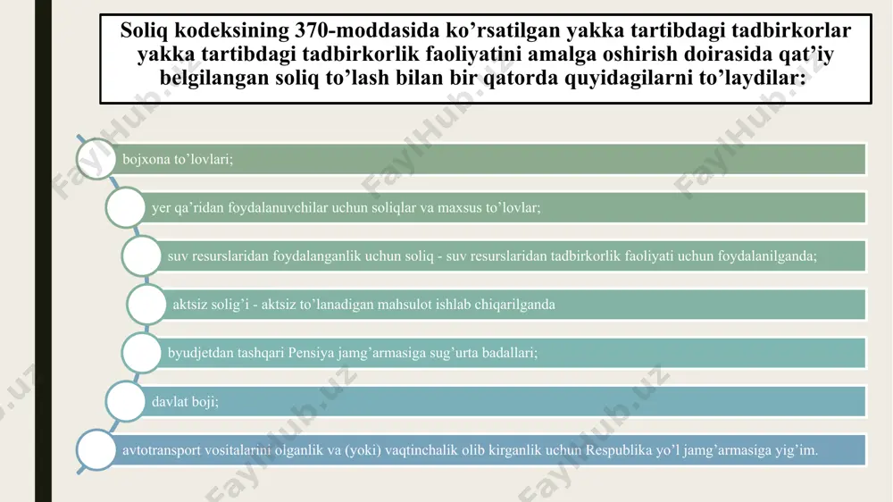r mustasno, - yilning har bir choragi yakunlari bo’yicha hisobot choragidan keyingi oyning 10-kunidan kechiktirmay; tijorat faoliyati uchun mo’ljallangan tovarlarni olib kiradigan yakka tartibdagi tadbirkorlar tomonidan - har oyning yakunlari bo’yicha hisobot oyidan keyingi oyning 10-kunidan kechiktirmay taqdim etiladi. qat’iy belgilangan soliqni yakka tartibdagi tadbirkorlar tomonidan hisoblab chiqarish va to’lash tartibi (soliq kodeksining 375-moddasi) soliq to’lovchining kalendar oyida ishlagan kunlari sonidan qat’i nazar, qat’iy belgilangan soliq tadbirkorlik faoliyatining turi va soliq to’lovchining faoliyatni amalga oshirish joyiga qarab belgilangan stavkalar bo’yicha to’lanadi. faoliyatning bir necha turi bilan shug’ullanuvchi soliq to’lovchilar qat’iy belgilangan soliqni faoliyatning har bir turi uchun mazkur turdagi faoliyatga nisbatan belgilangan stavkalar bo’yicha alohida-alohida to’laydilar. qat’iy belgilangan soliqni hisoblab chiqarish soliq bo’yicha hisobga olish joyidagi davlat soliq xizmati organlari tomonidan amalga oshiriladi. qat’iy belgilangan soliq tadbirkorlik faoliyati amalga oshirilgan oyning 25-kunidan kechiktirmay har oyda, soliq to’lovchi davlat ro’yxatidan o’tkazilgan joy uchun belgilangan stavkalar bo’yicha to’lanadi. agar faoliyat amalga oshirilgan …