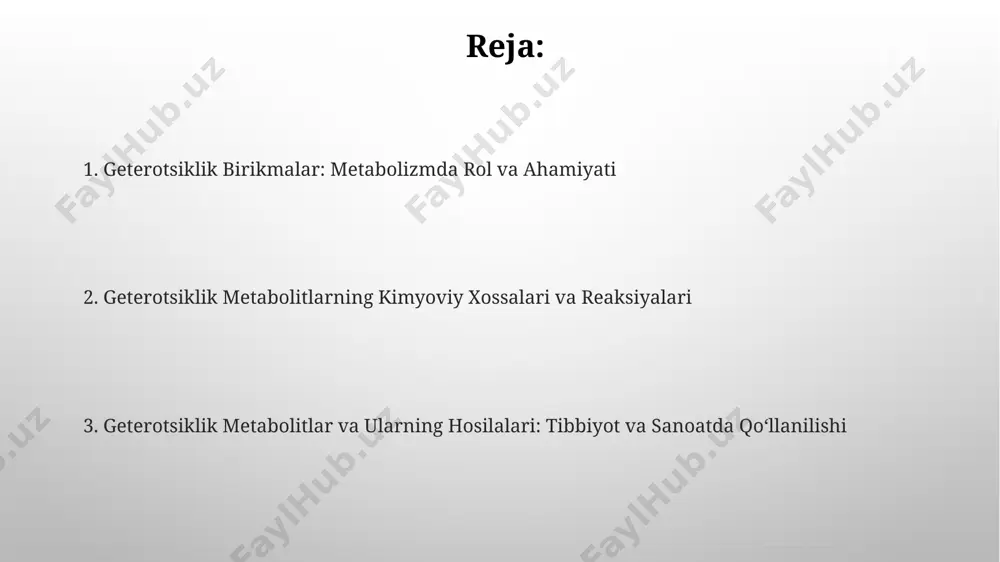 an leykemiya va limfoma rivojlanishiga olib kelishi mumkin. o'zbekistonda o'tkazilgan tadqiqotlar shuni ko'rsatdiki, 300 dan ortiq bemorlarda aniqlangan ba'zi getetrotsiklik birikmalar metabolizmining buzilishi jigar sirrozi va gepatit c kabi kasalliklar bilan bog'liq. kelajakdagi tadqiqotlar yo'nalishlari o'zbekiston va hindiston olimlarining 5 yillik hamkorlikdagi tadqiqoti natijasida 100 dan ortiq yangi geterotsiklik metabolitlarini aniqlash va ularning farmakologik xususiyatlarini o'rganish. jahon sog'liqni saqlash tashkilotining 2030-yilgacha bo'lgan rejalariga muvofiq, 50 ta yangi antibiotik va antiviral vositalar yaratish uchun geterotsiklik birikmalarning potentsialini chuqur o'rganish. geterotsiklik metabolitlarning funksiyalari geterotsiklik metabolitlar, masalan, purinlar va pirimidinlar, dnk va rnkni tashkil etuvchi asosiy bloklar bo'lib, ularning 2-5% hujayra tarkibini tashkil etadi va genetik axborotni saqlash va uzatishda muhim rol o'ynaydi. indol, triptopfandan hosil bo'lgan geterotsiklik birikma, o'simliklarda 300 dan ortiq metabolitlarning bir qismi bo'lib, fotosintez va o'sish jarayonlarini tartibga soladi. tabiiy mahsulotlardagi geterotsikllar o'zbekistonning samarqand viloyatida o'sadigan ba'zi o'simliklarda 20 dan ortiq turli xil geterotsiklik metabolitlar aniqlangan bo'lib, ularning ba'zilari …