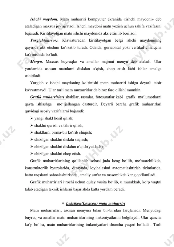 qori bo‘ladi . turli matn muxarrirlarining mos buyruqlari bir-biridani deyarli farq qilmaydi. ular biroz farqlansada, ma'nosini tushunib olish qiyinchilik tug‘dirmaydi. masalan, matnni diskka yozish buyrug‘i ba'zi matn muharrirlari menyusida «yozish» deb nomlangan bo‘lsa, boshqalarida «saqlash» deb nomlangan. shu kabi matnni diskdan o’qish buyrug‘i turli matn muhrrirlarida «o‘qish», «yuklash» yoki «ochish» deb nomlanishi mumkin. mazkur buyruqlar nomlari turlicha bo‘lsa hm, deyarli bir xil ma'noni anglatadi va aynan bir xil vazifani bajaradi. leksikon matn prosessori menyusi ichma-ich joylashgan buyruqlar tizimiga ega. ya'ni, menyuning biror buyrug‘i tanlansa, menyu satrida qo’shimcha buyruqlar hosil bo‘ladi. leksikon matn prosessori masalan, hosil qilingan matnni diskda saqlab qo‘yish uchun quyidagi ketma-ketlikda amallar bajariladi: ( f10 tugmachasi bosiladi. natijada yurgich menyular satriga o‘tadi. ( yo‘nalish tugmachalari (chapga yoki o‘ngga) yordamida yurgich menyuning «matn» buyrug‘i ustiga keltiriladi va (()«enter» tugmachasi bosiladi. menyular satrida «matn» menyusining amallari («yuklash», «saqlash», «ko‘chirish» va hokazo) paydo bo‘ladi. ( yurgich «saqlash» buyrug‘i ustiga olib kelinib …